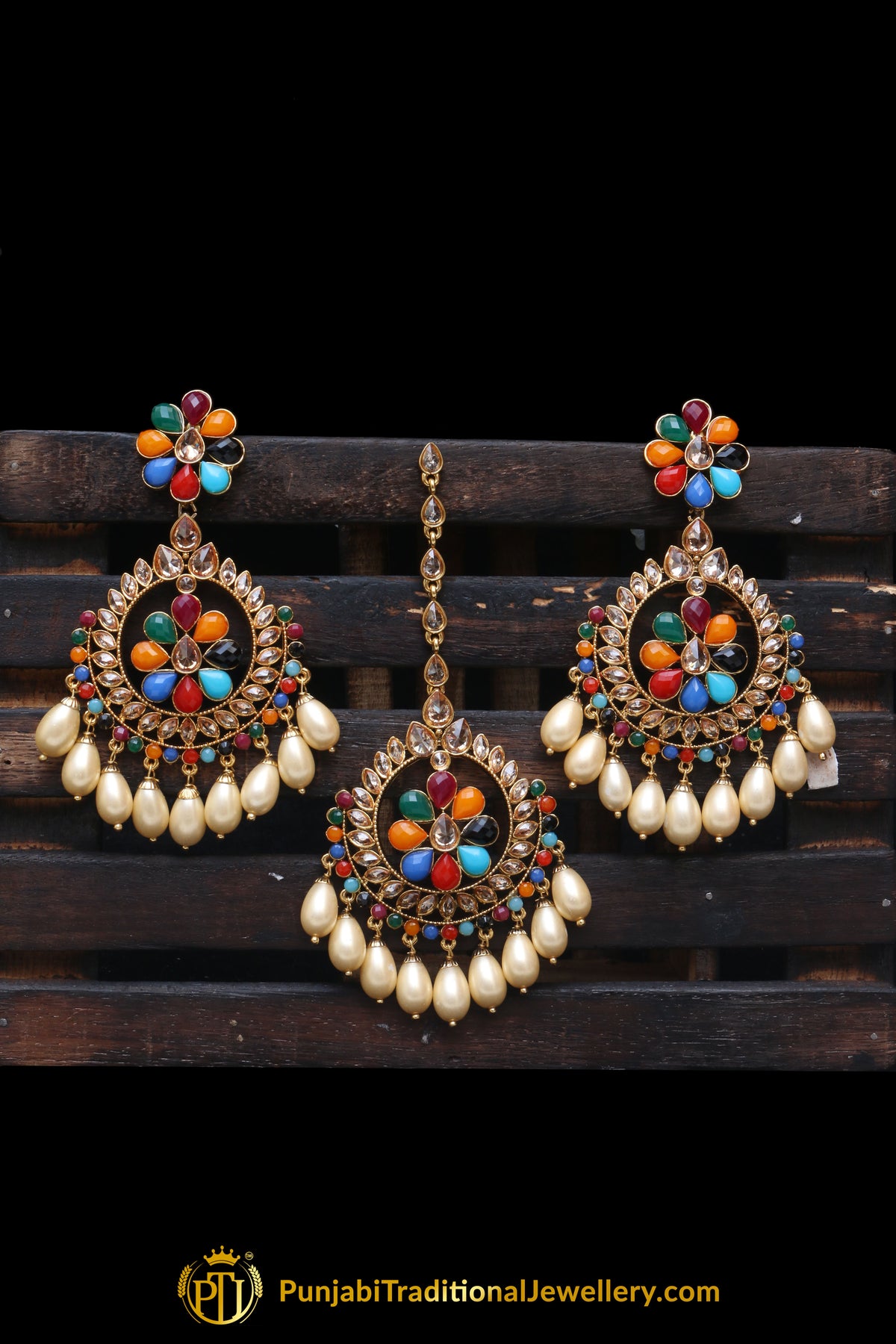 Multi Polki Earring Tikka Set By Punjabi Traditional Jewellery