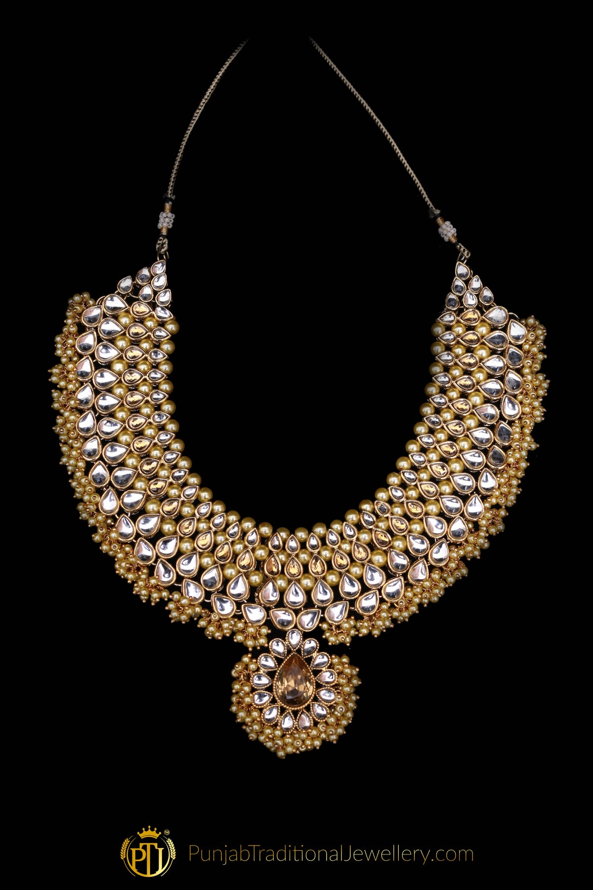 Golden Kundan Necklace Set By Punjabi Traditional Jewellery