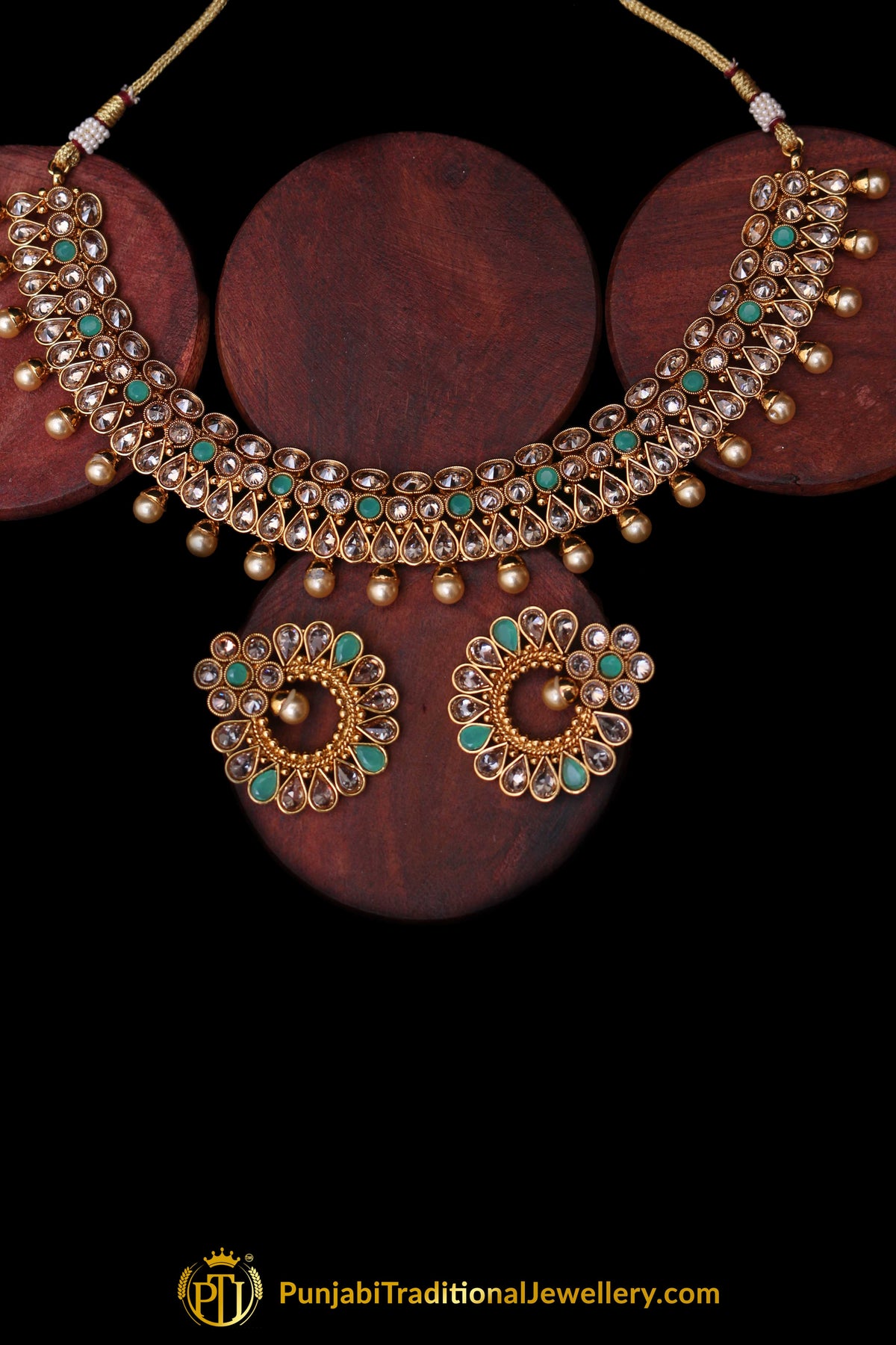 Green White Pearl Polki Necklace Set By Punjabi Traditional Jewellery