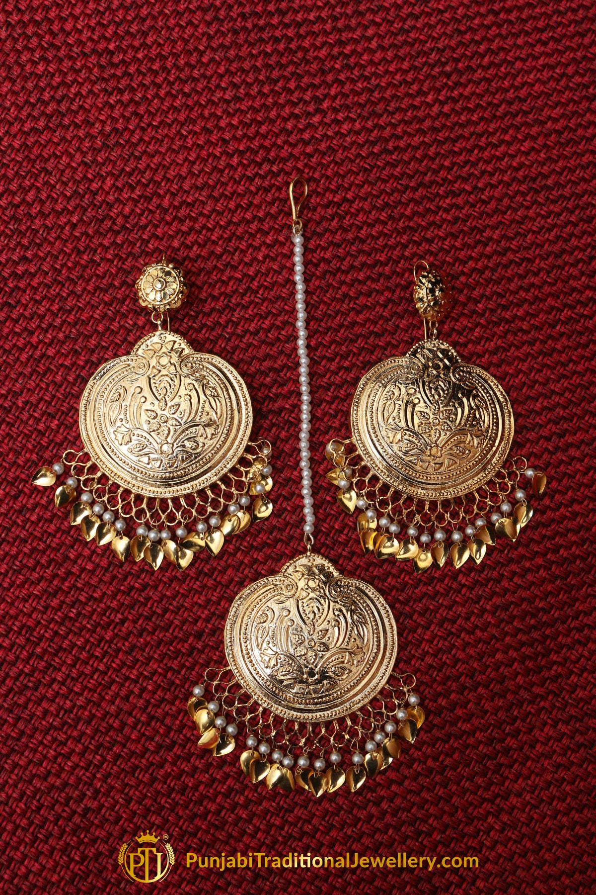 Golden Pippal Patti Earring Tikka Set By Punjabi Traditional Jewellery