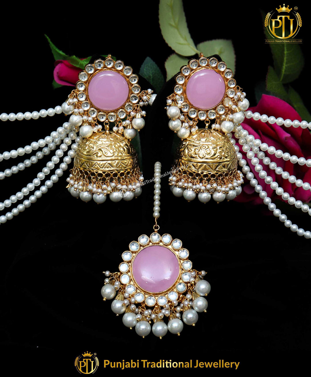 Pink Stud Jhumki Kundan Pearl Sahare Earrings & Tikka | Punjabi Traditional Jewellery Exclusive