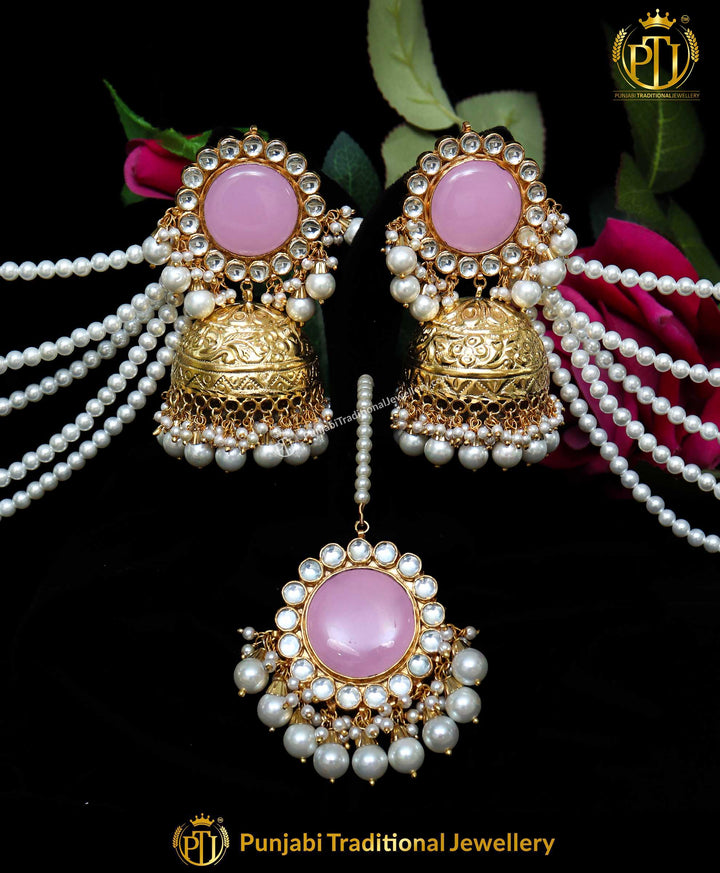 Pink Stud Jhumki Kundan Pearl Sahare Earrings & Tikka | Punjabi Traditional Jewellery Exclusive
