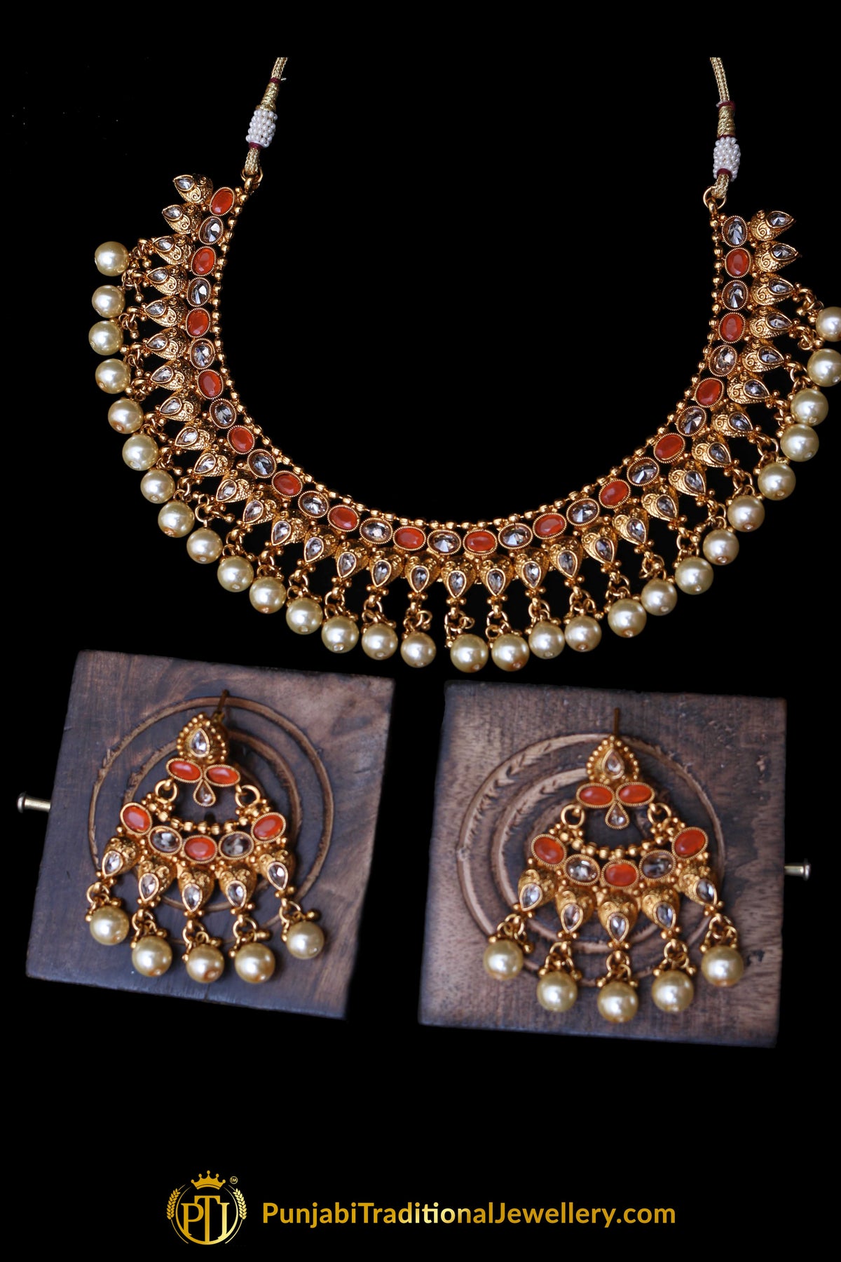 Orange White Pearl Polki Necklace Set By Punjabi Taditional Jewellery