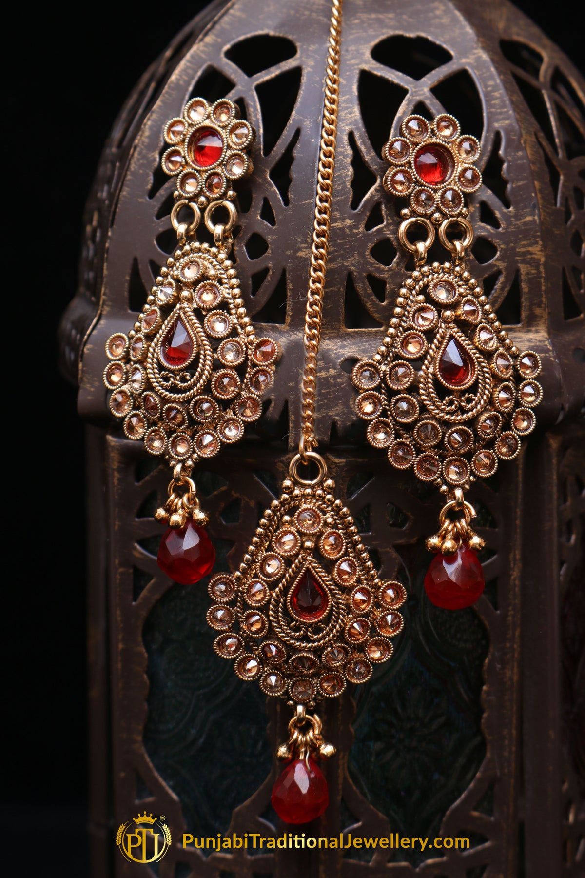 Red Champagne Stone Earring Tikka Set By Punjabi Traditional Jewellery