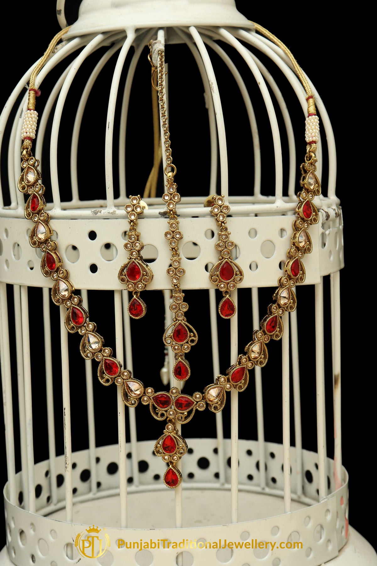Red Champagne Stone Necklace Set By Punjabi Traditional Jewellery