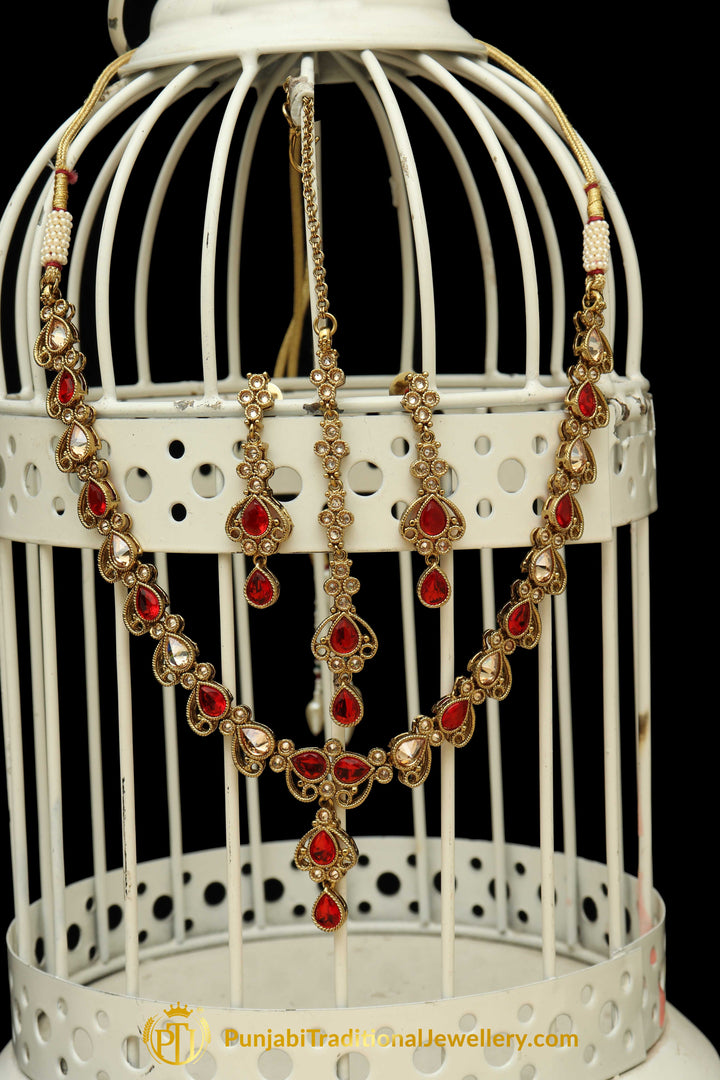 Red Champagne Stone Necklace Set By Punjabi Traditional Jewellery
