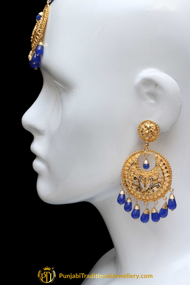 Aara Blue Gold Plated Pearl Earring Tikka Set By Punjabi Traditional Jewellery