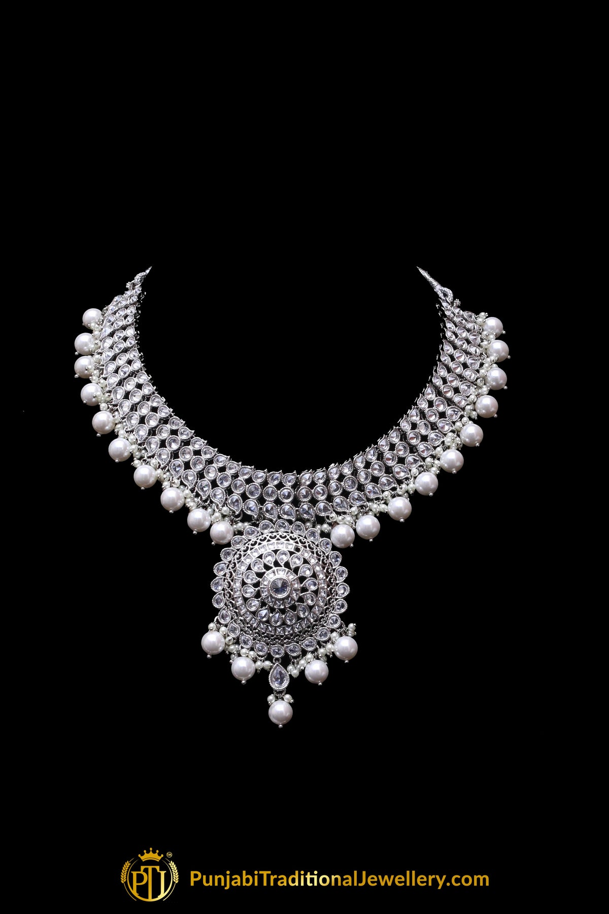 Silver Polki Pearl Necklace Set By Punjabi Traditional Jewellery
