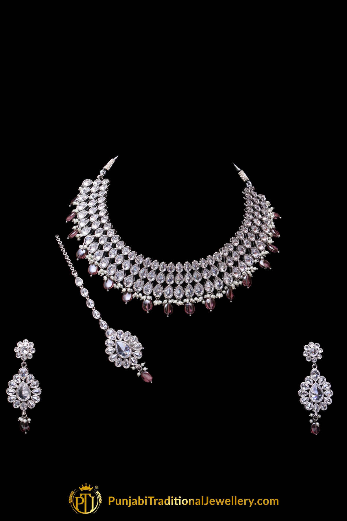 Pink Polki Necklace Set By Punjabi Traditional Jewellery