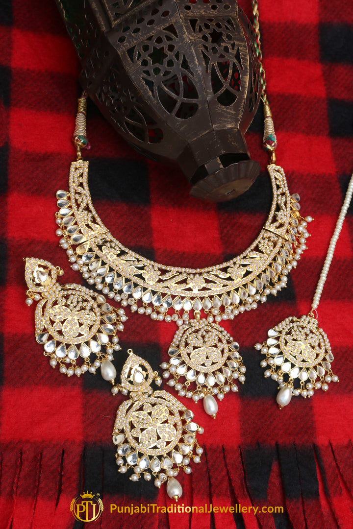 Golden Jadau Pearl Kundan Necklace Set By Punjabi Taditional Jewellery