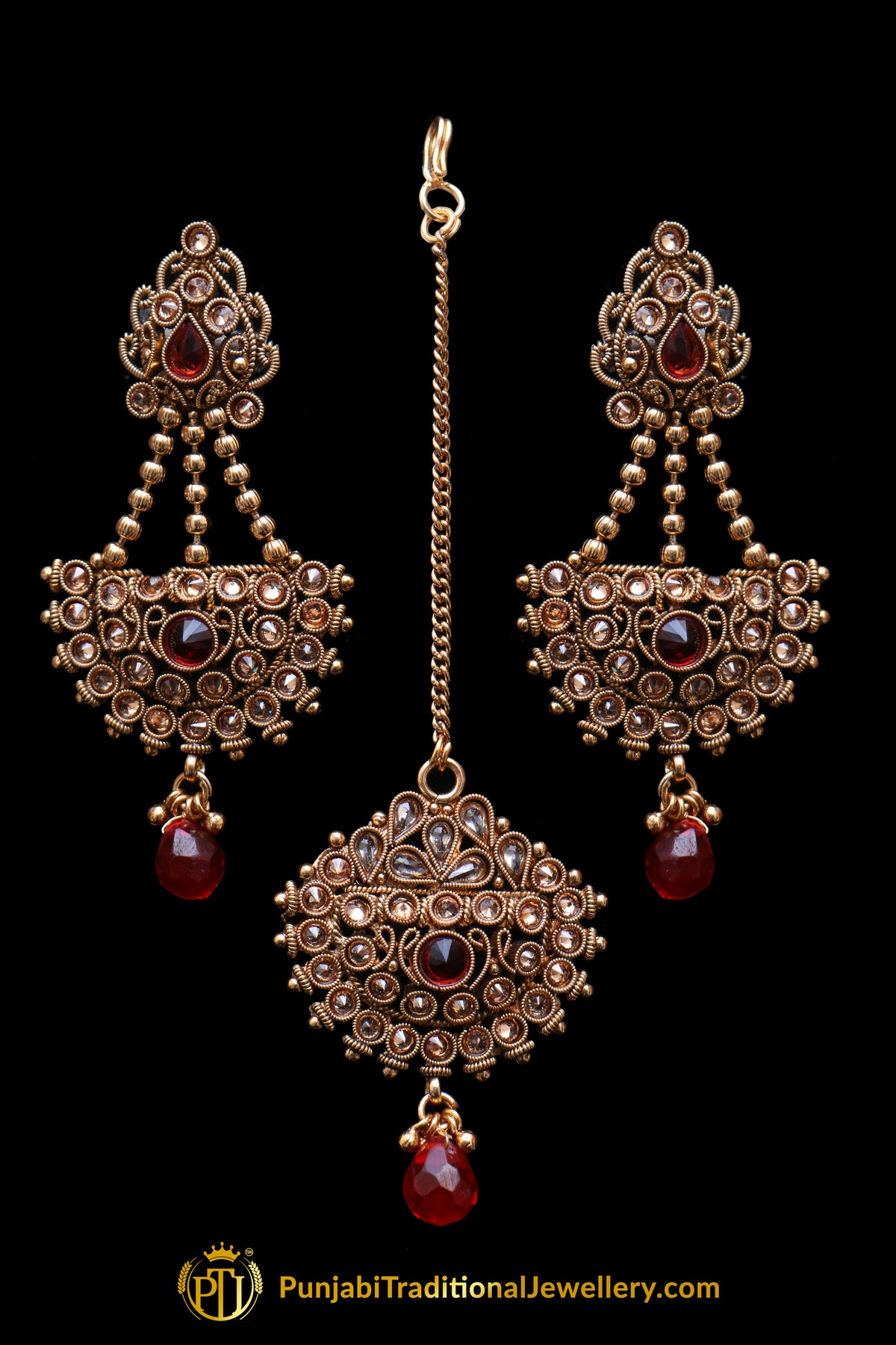 Red Champagne Stone Earring Tikka Set By Punjabi Traditional Jewellery