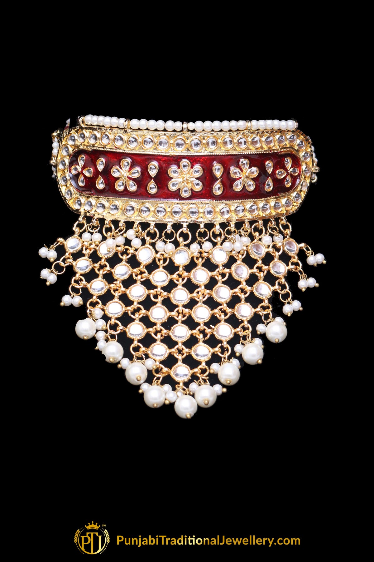 Red Choker Pearl Kundan Meena Necklace Set By Punjabi Traditional Jewellery