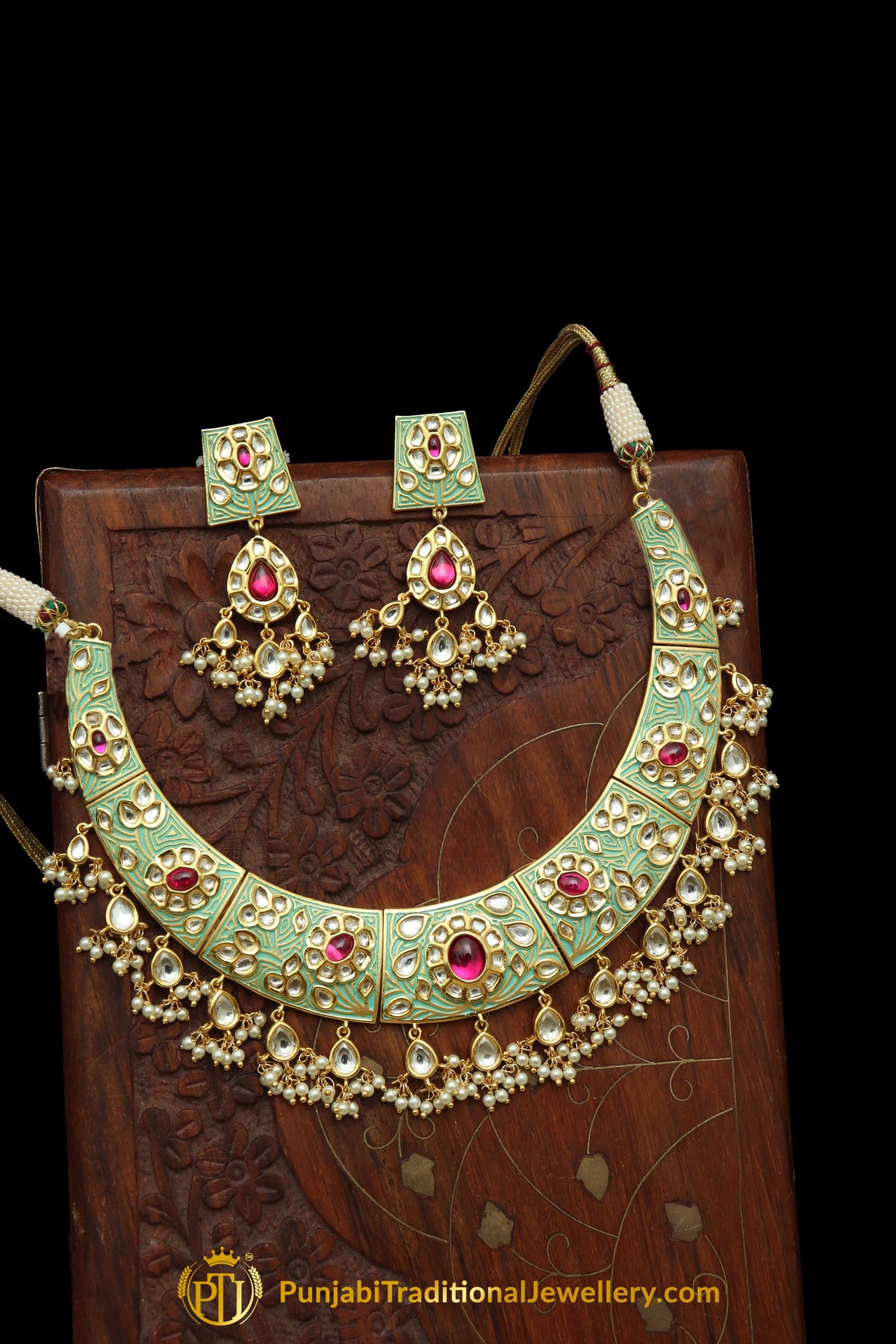 Green Red Kundan Necklace Set By Punjabi Taditional Jewellery