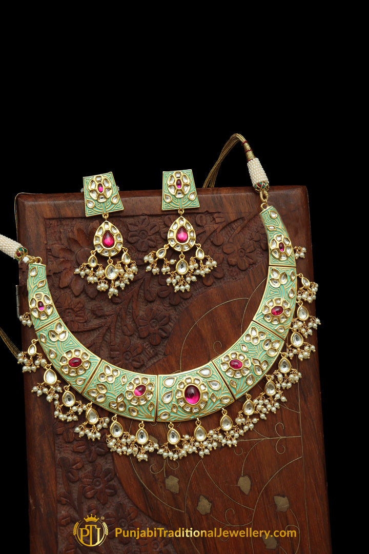 Green Red Kundan Necklace Set By Punjabi Taditional Jewellery