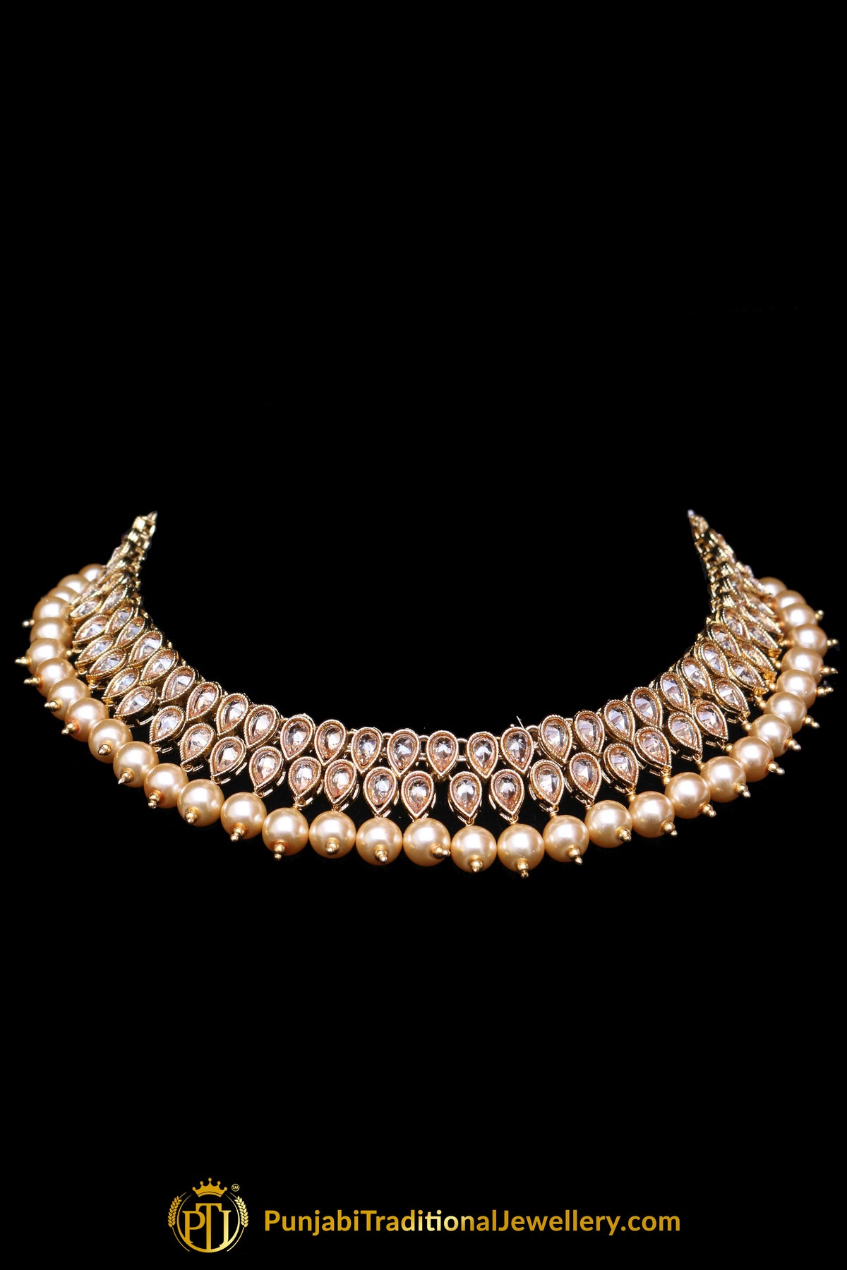Pearl Champagne Stone Necklace Set By Punjabi Taditional Jewellery