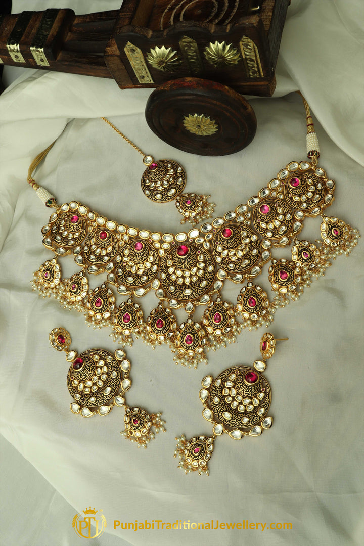 Antique Matt Gold Kundan Necklace Set By Punjabi Taditional Jewellery