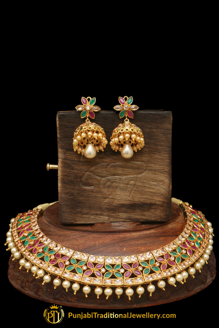 Red & Green Polki Choker Necklace Set By Punjabi Taditional Jewellery