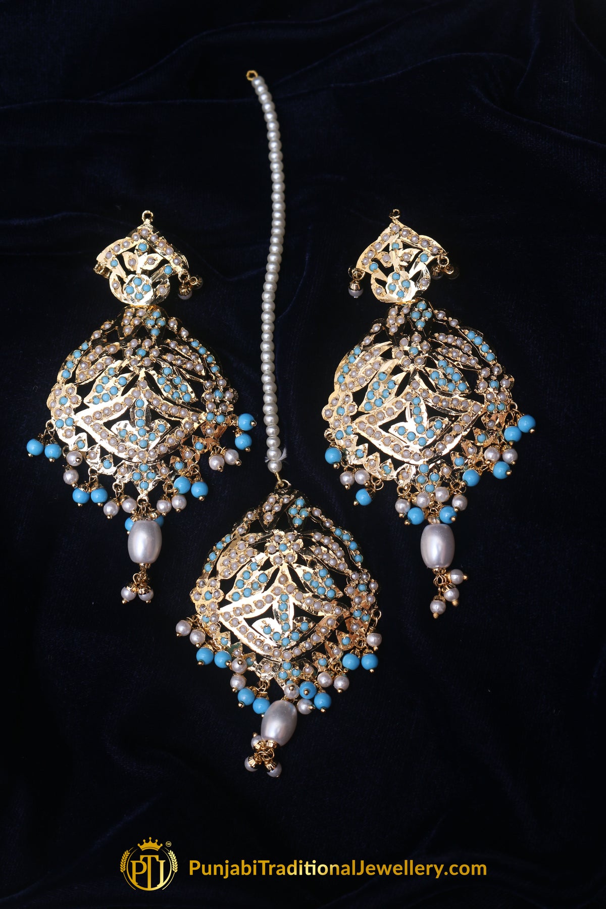 Firozi Jadau Pearl Earring Tikka Set By Punjabi Traditional Jewellery