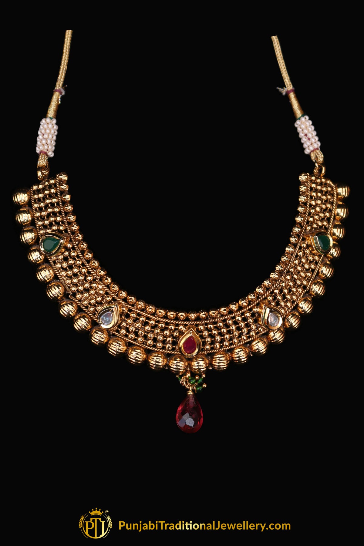 Noor Maroon & Green Antique Gold Polki Necklace Set By Punjabi Traditional Jewellery