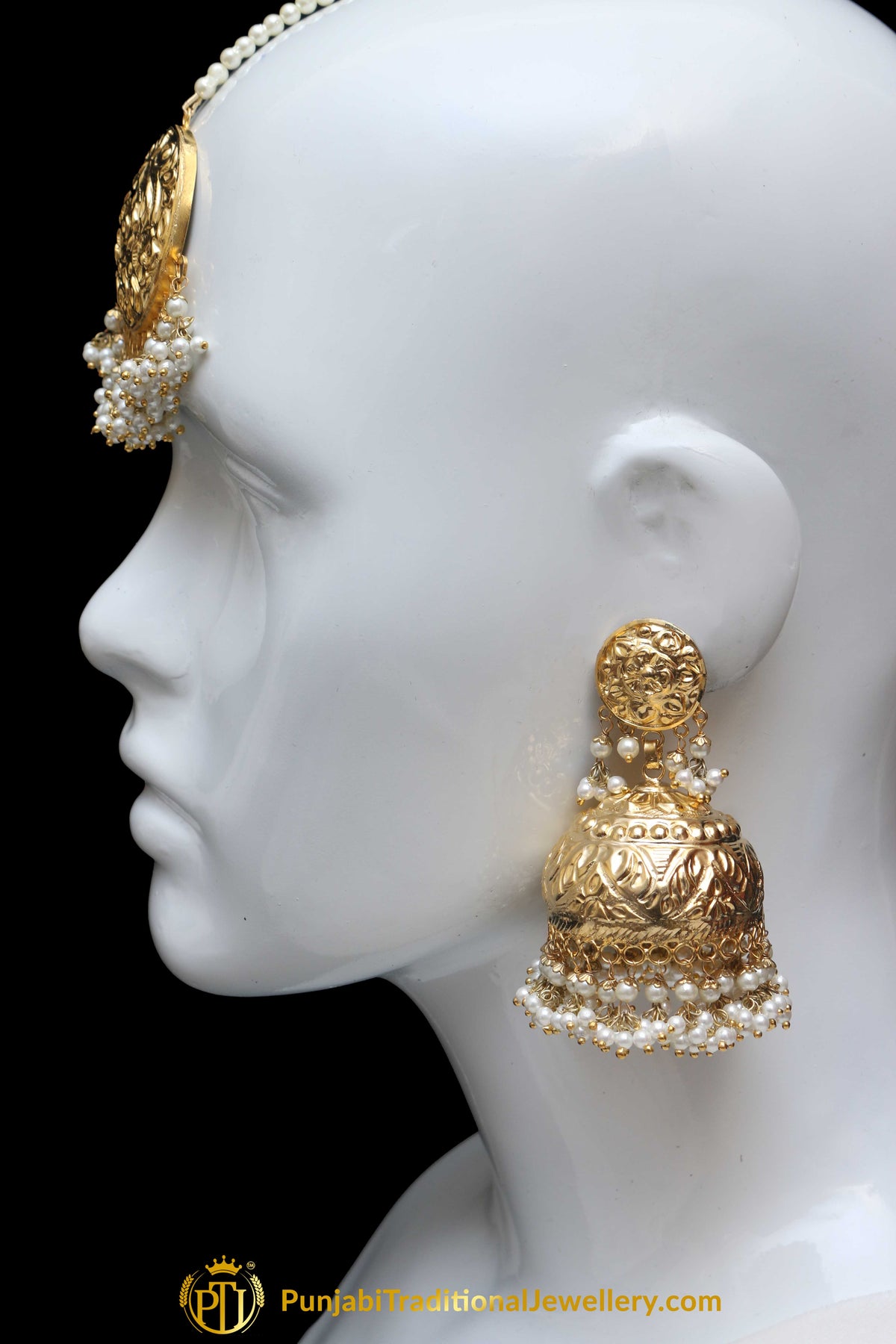 Golden Jadau Jhumki Earrings & Tikka Set By Punjabi Traditional Jewellery