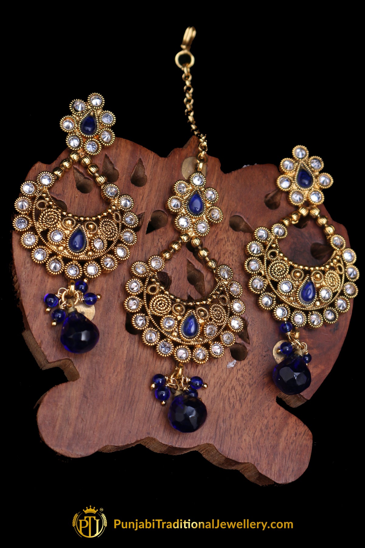 Blue Polki Earrings Tikka Set By Punjabi Traditional Jewellery