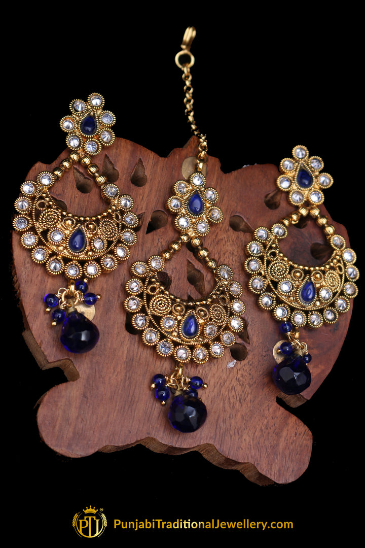 Blue Polki Earrings Tikka Set By Punjabi Traditional Jewellery