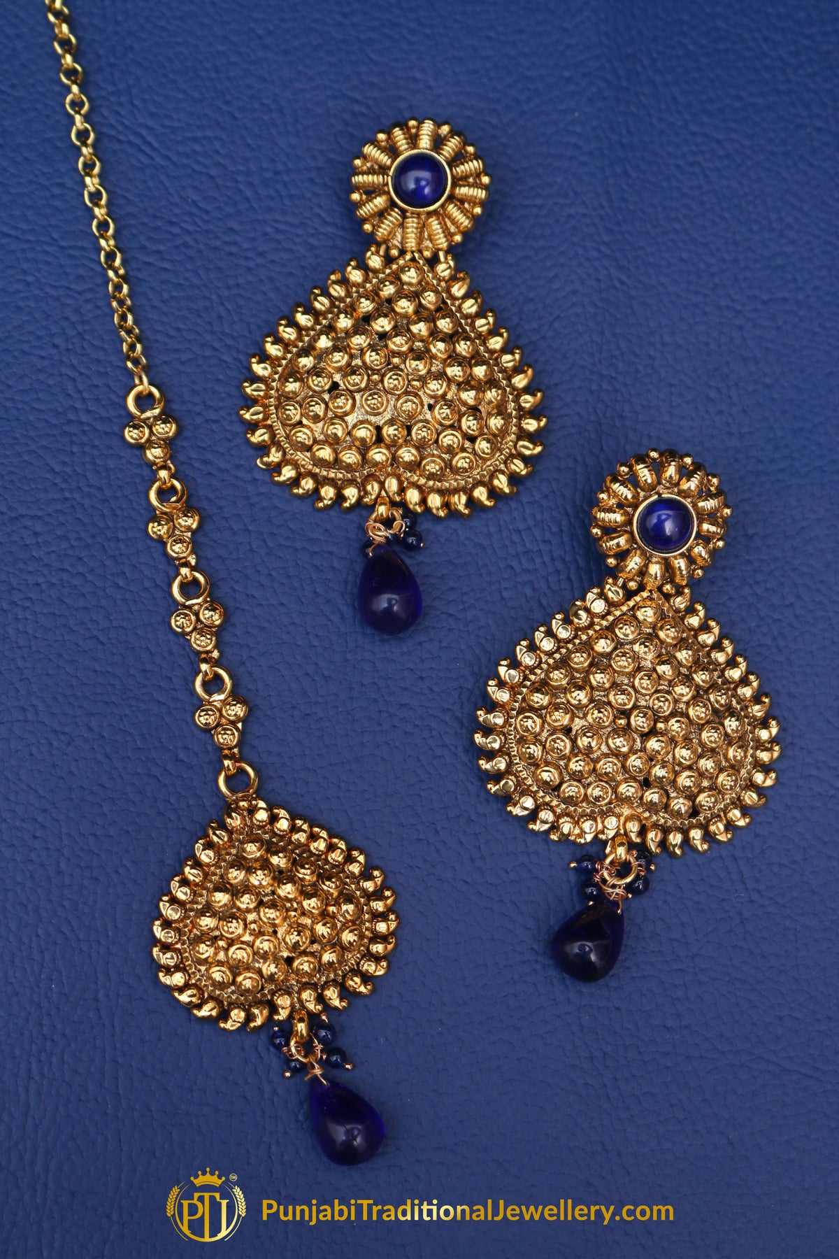 Blue Antique Gold Earring Tikka Set By Punjabi Traditional Jewellery