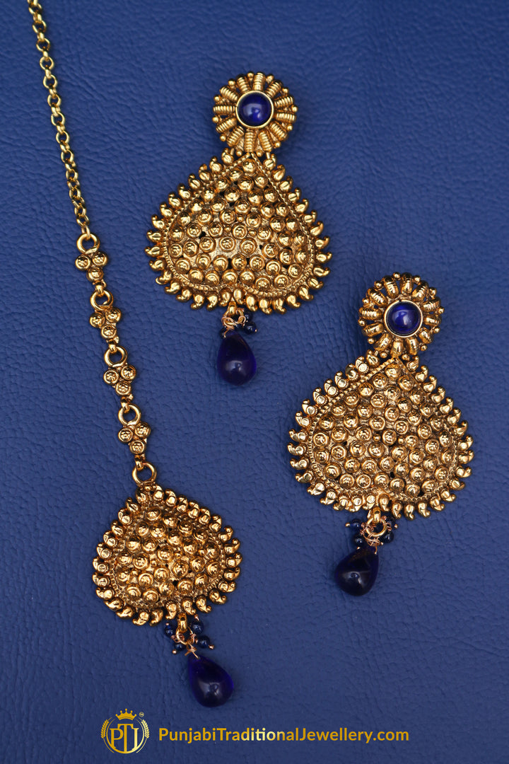 Blue Antique Gold Earring Tikka Set By Punjabi Traditional Jewellery
