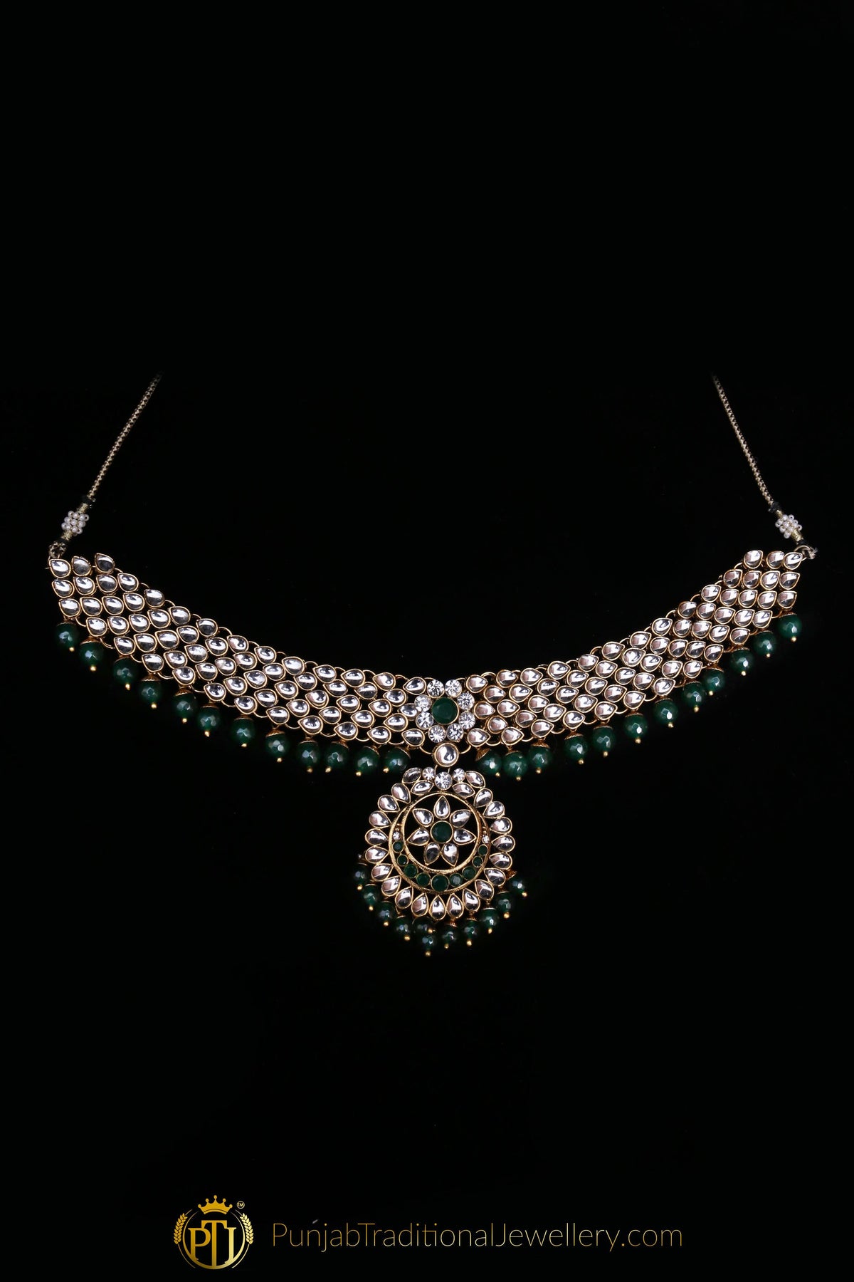 Green Kundan Choker Necklace Set By Punjabi Traditional Jewellery