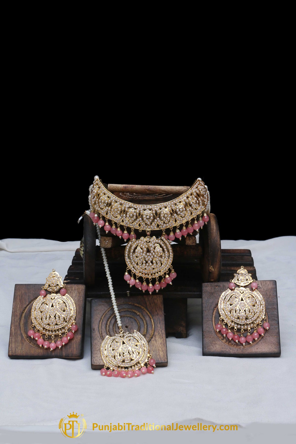 Peach Pearl Jadau Choker Necklace Set By Punjabi Traditional Jewellery