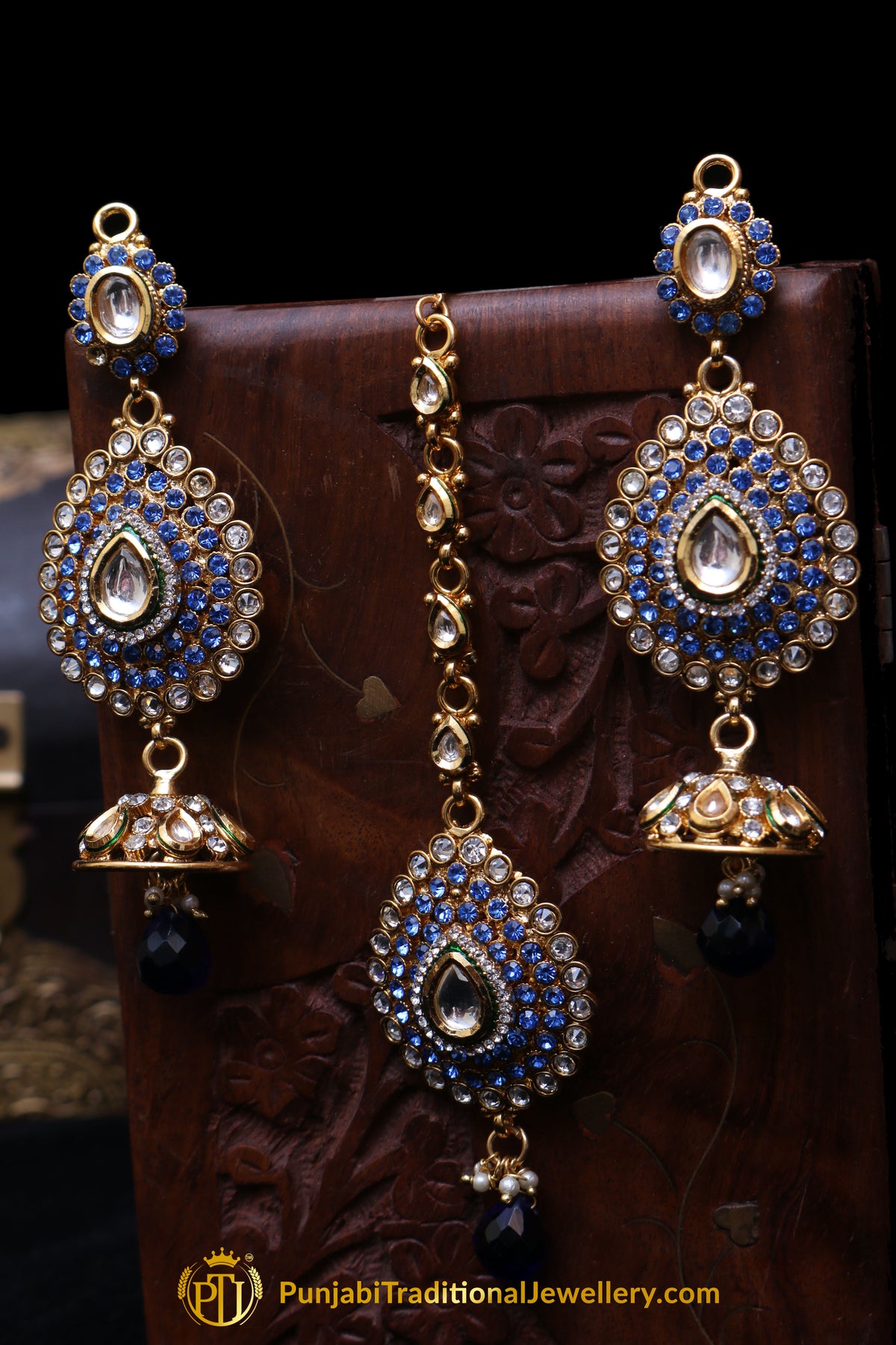 Blue Polki Earring Tikka Set By Punjabi Traditional Jewellery