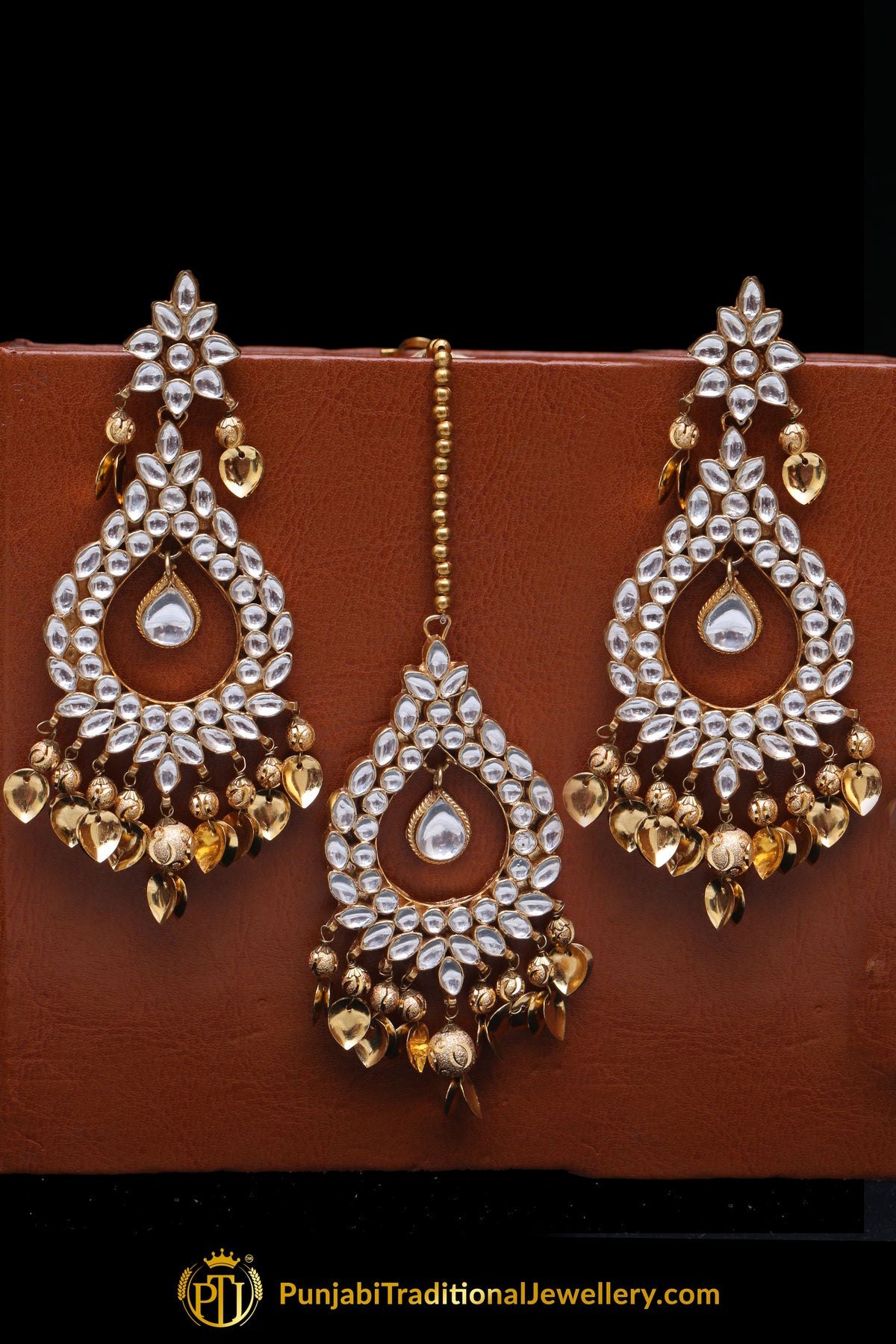 Golden Kundan Pippal Patti Earring Tikka Set By Punjabi Traditional Jewellery