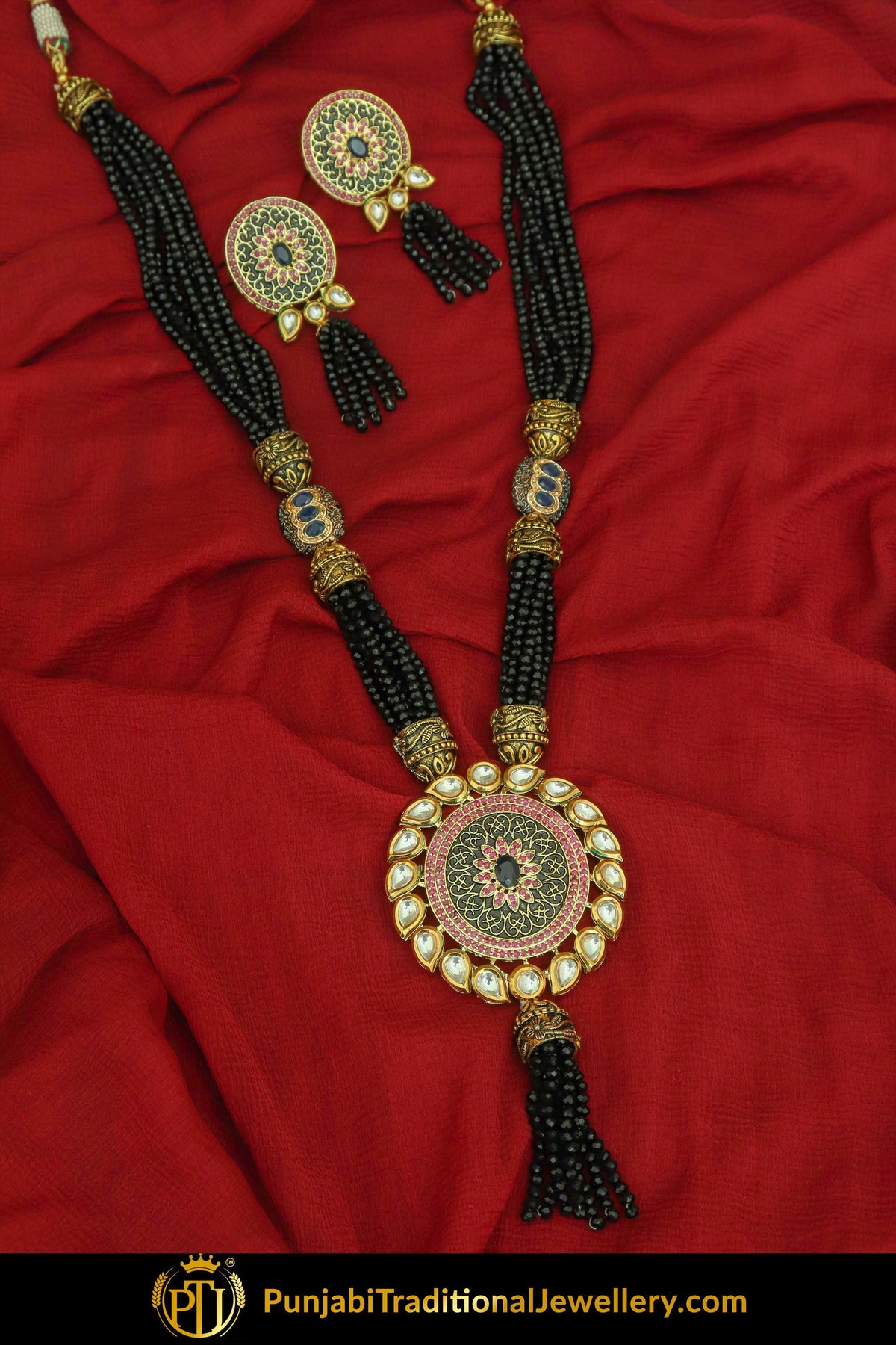 Jessenia Gold Finished Black Kundan Long Necklace & Stud Earrings | Punjabi Traditional Jewellery Exclusive