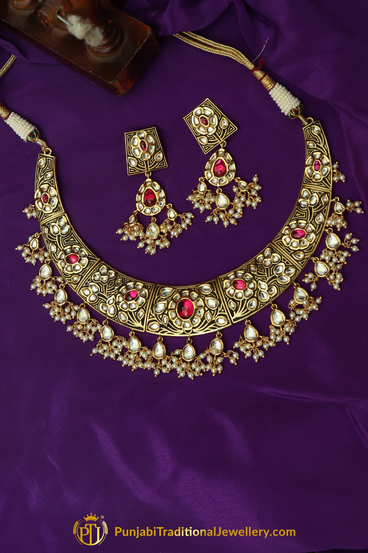 Matt Gold Rani Kundan Antique Gold Necklace Set By Punjabi Taditional Jewellery