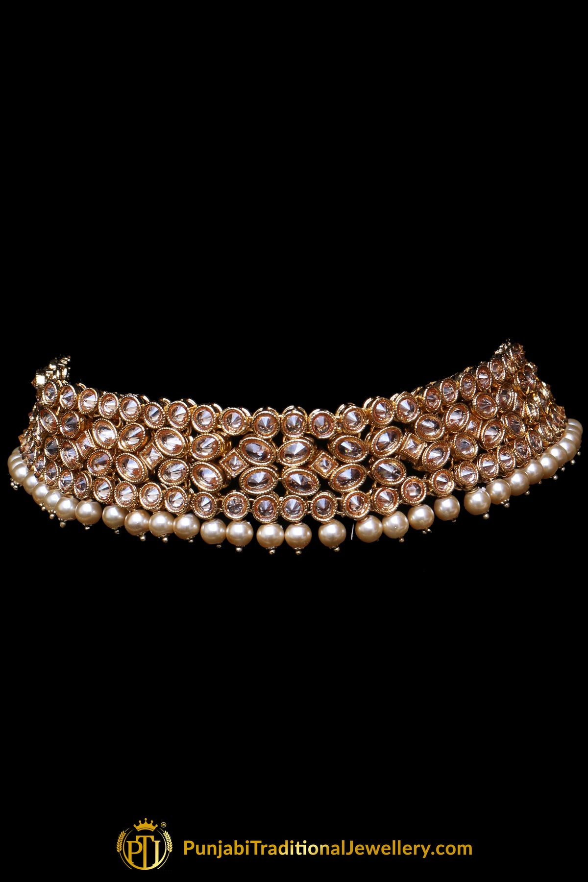 Pearl Champagne Stone Necklace Set By Punjabi Taditional Jewellery