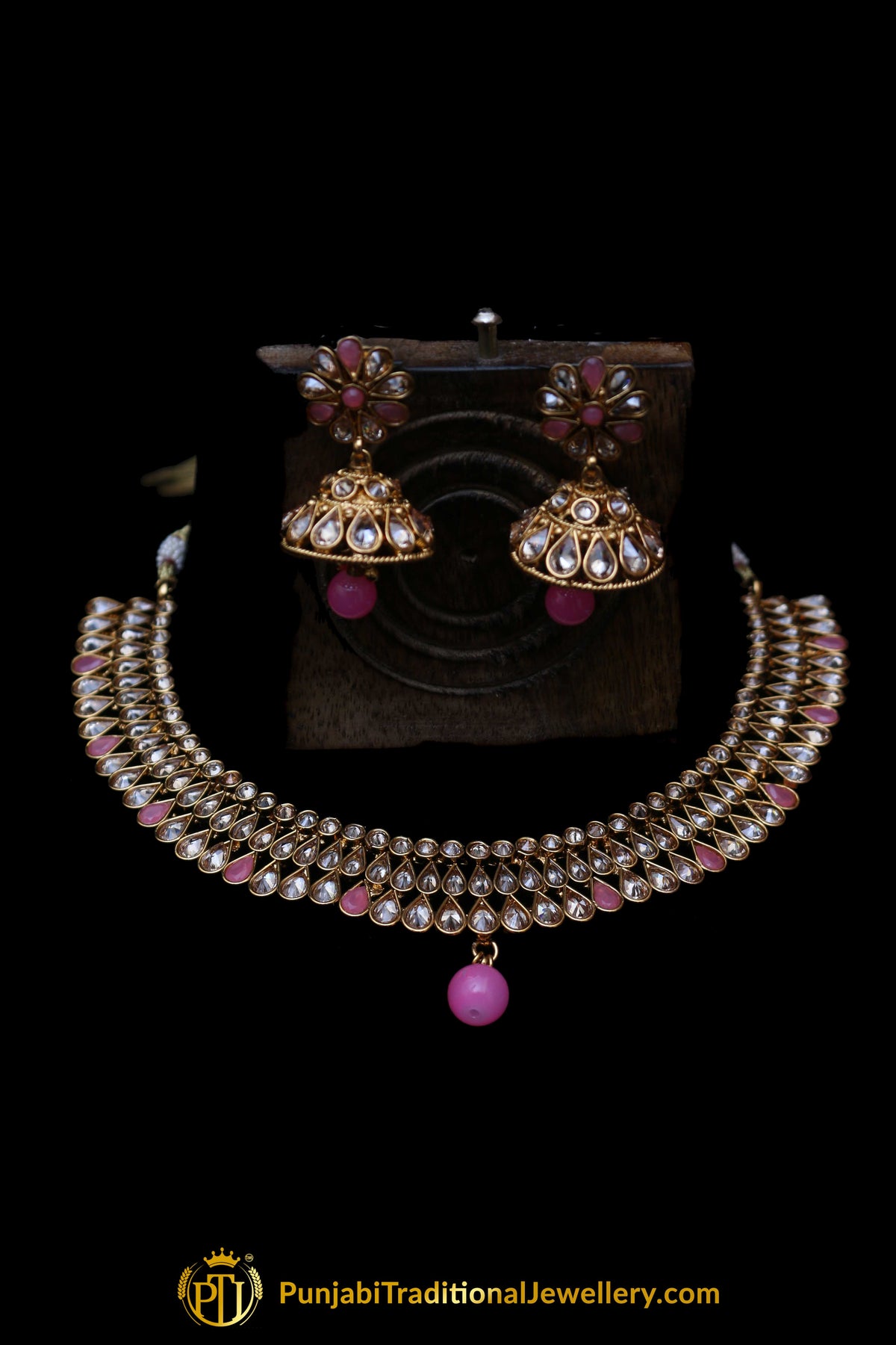 Pink Polki Necklace Set By Punjabi Traditional Jewellery