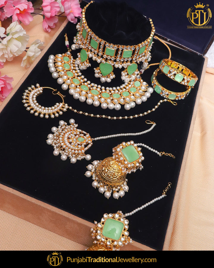 Gold Finished Kundan New Jade Choker Bridal Necklace Set & Openable Pair Bangle Set (Both Hand Pair) With Nath | Punjabi Traditional Jewellery Exclusive