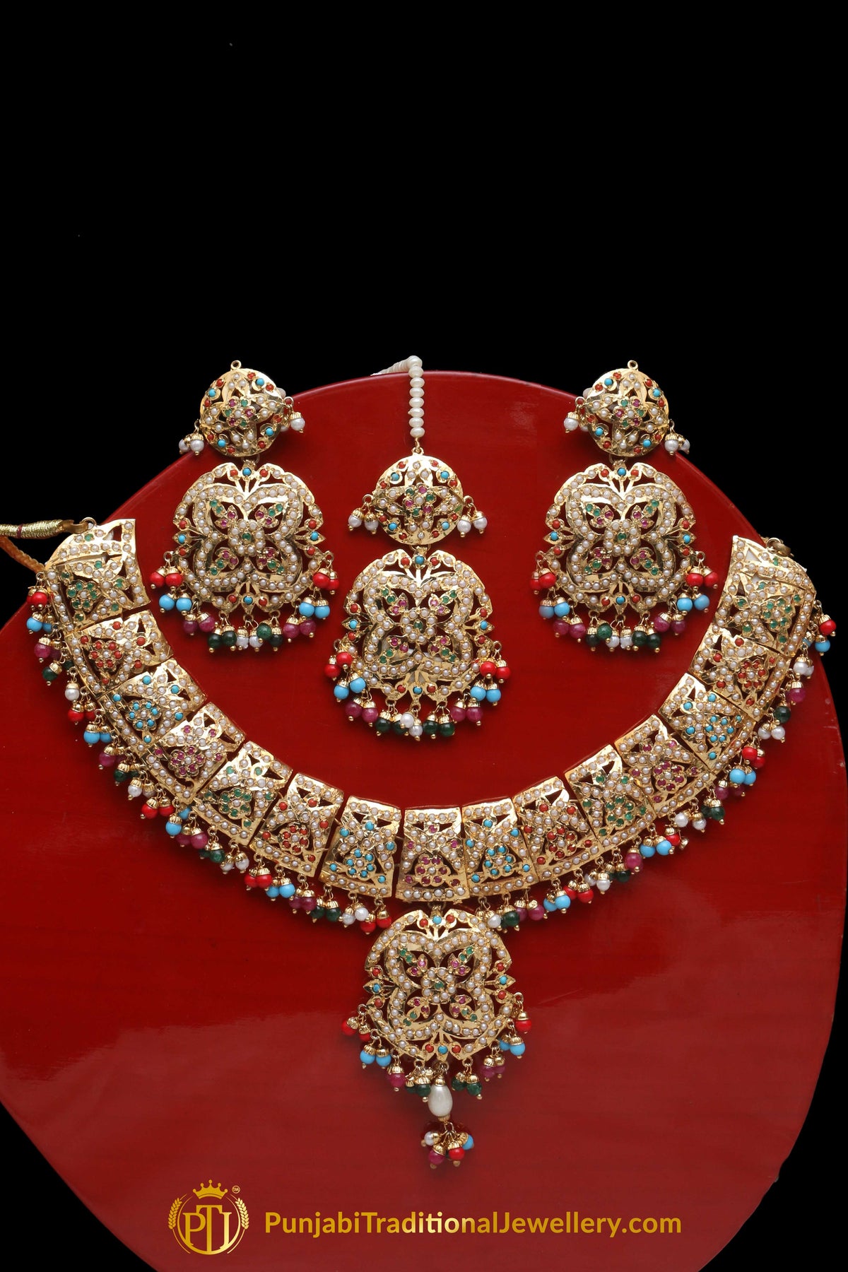 Multi Jadau Pearl Necklace Set By Punjabi Traditional Jewellery