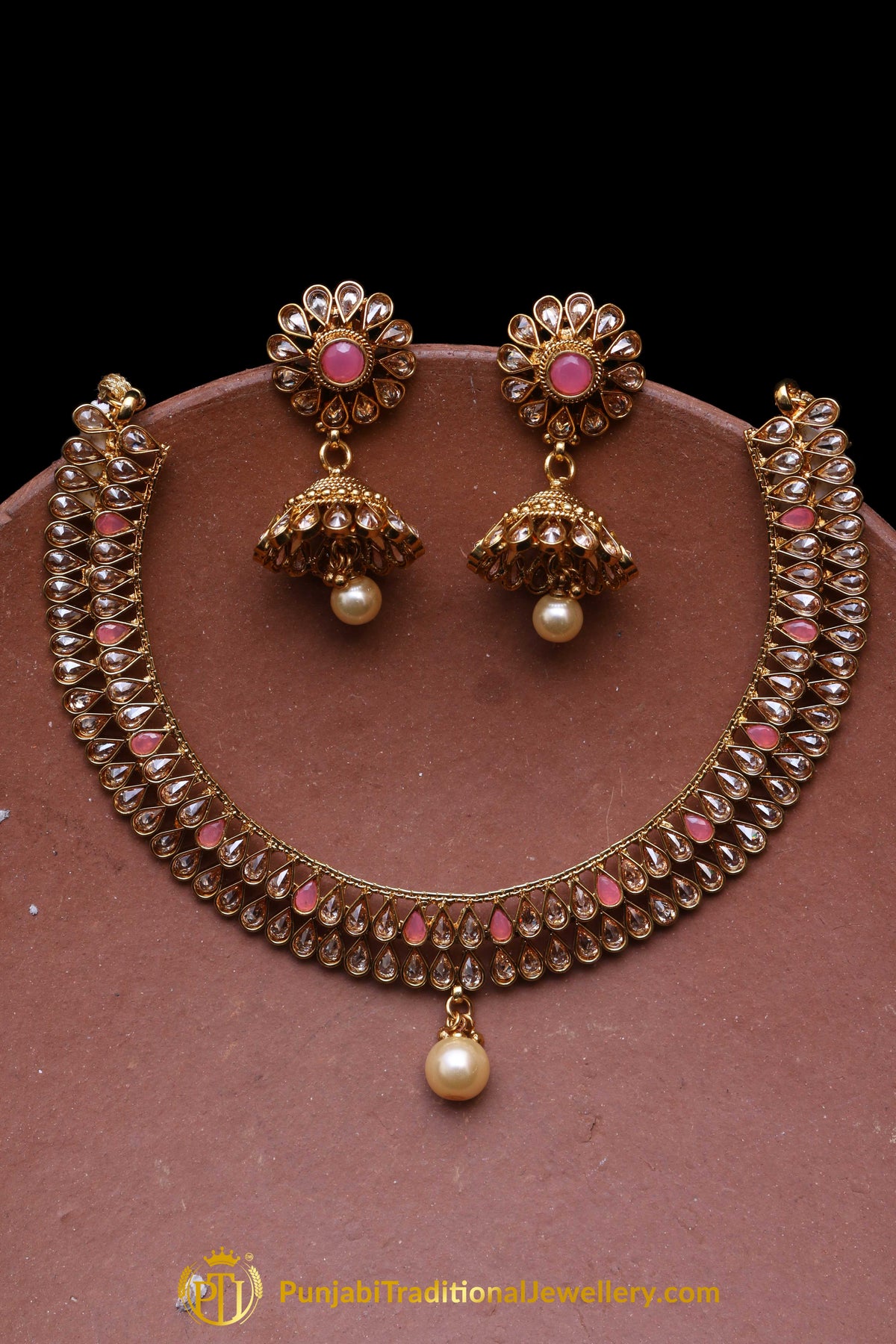 Pink Polki Necklace Set By Punjabi Traditional Jewellery