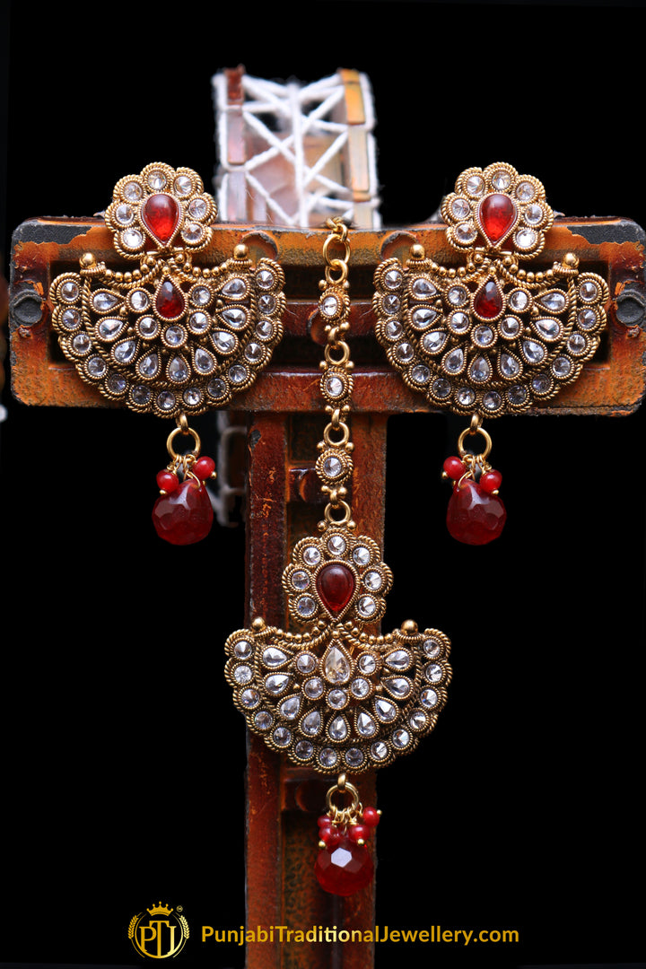 Red Polki Earring Tikka Set By Punjabi Traditional Jewellery