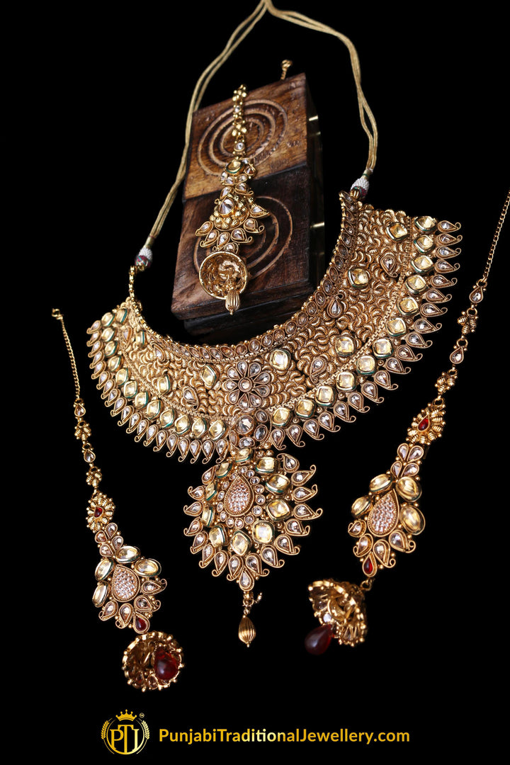 Antique Gold Choker Kundan Rubby Necklace With Sahare Earrings By Punjabi Traditional Jewellery