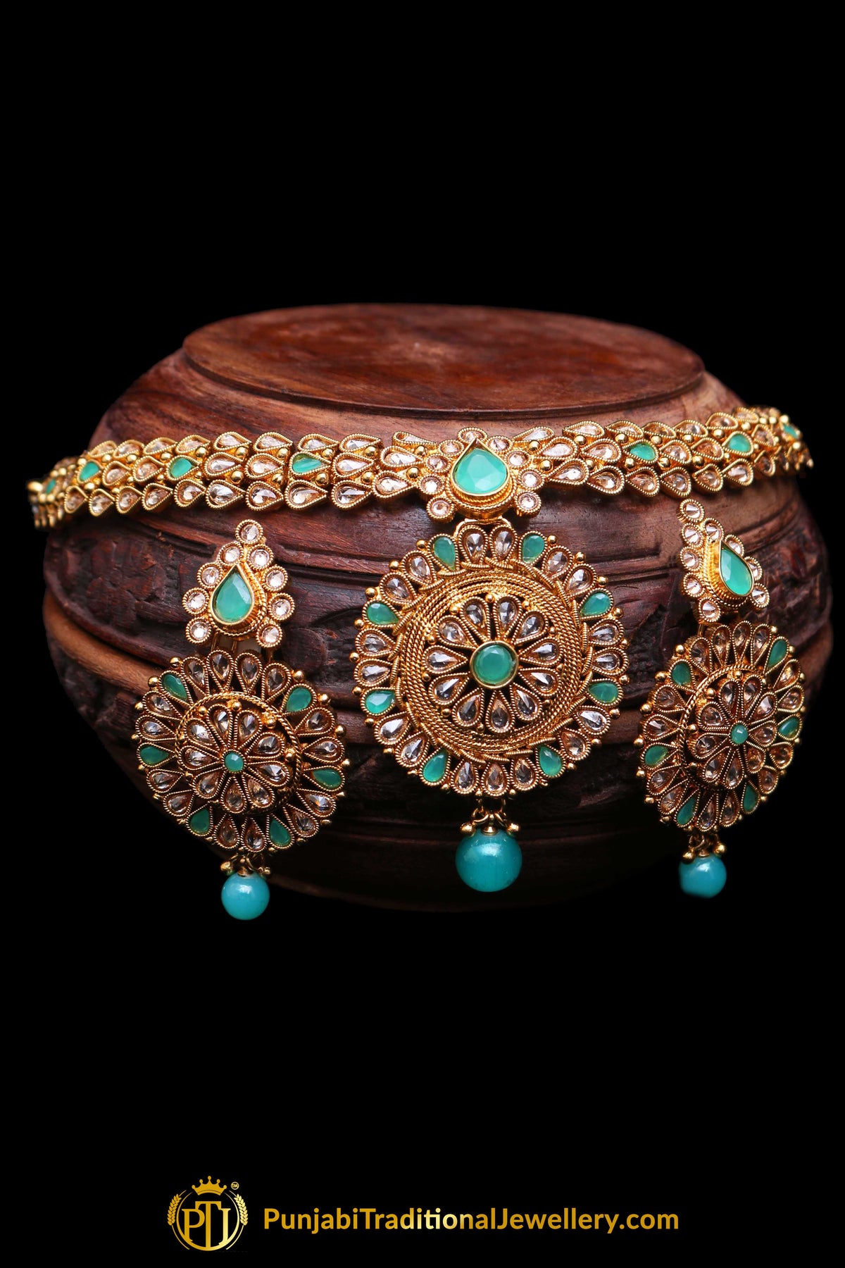 Firozi Polki Necklace Set By Punjabi Traditional Jewellery