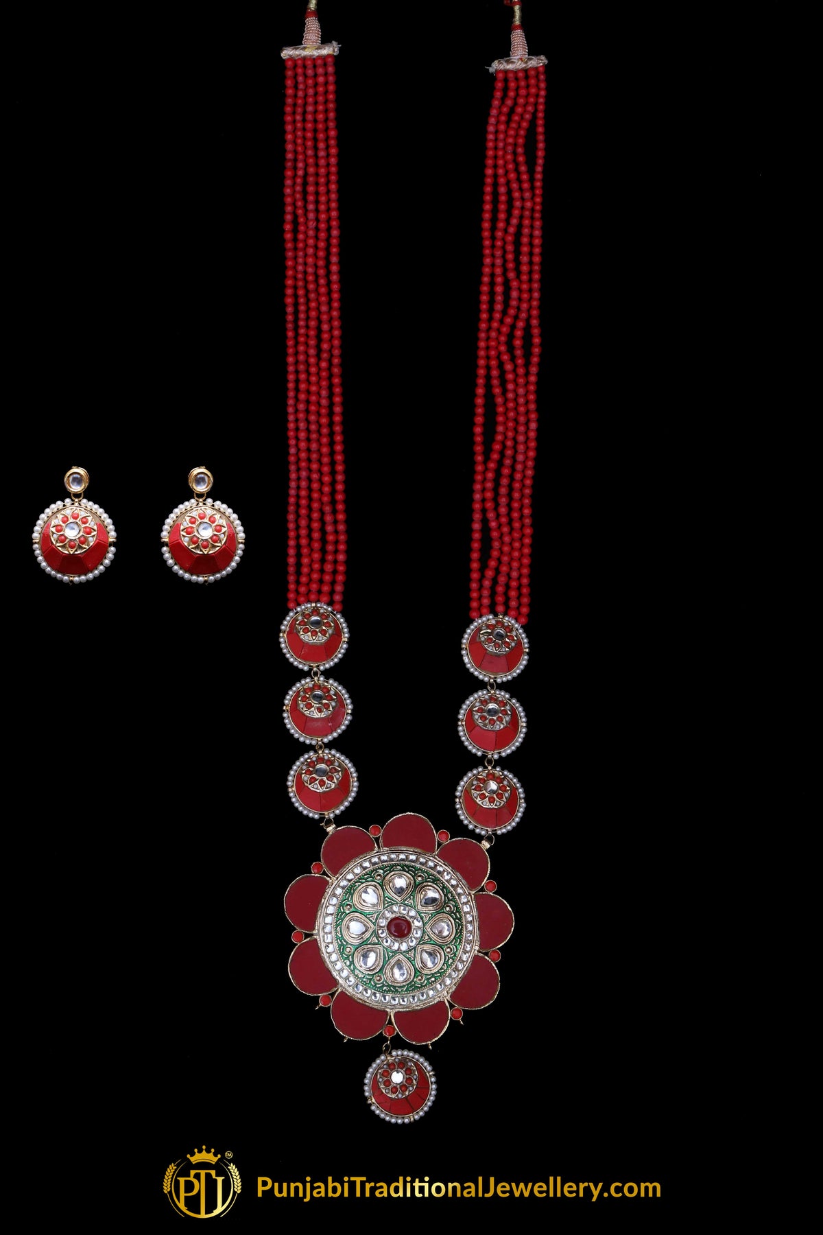 Red Kundan Meena Necklace Set By Punjabi Traditional Jewellery