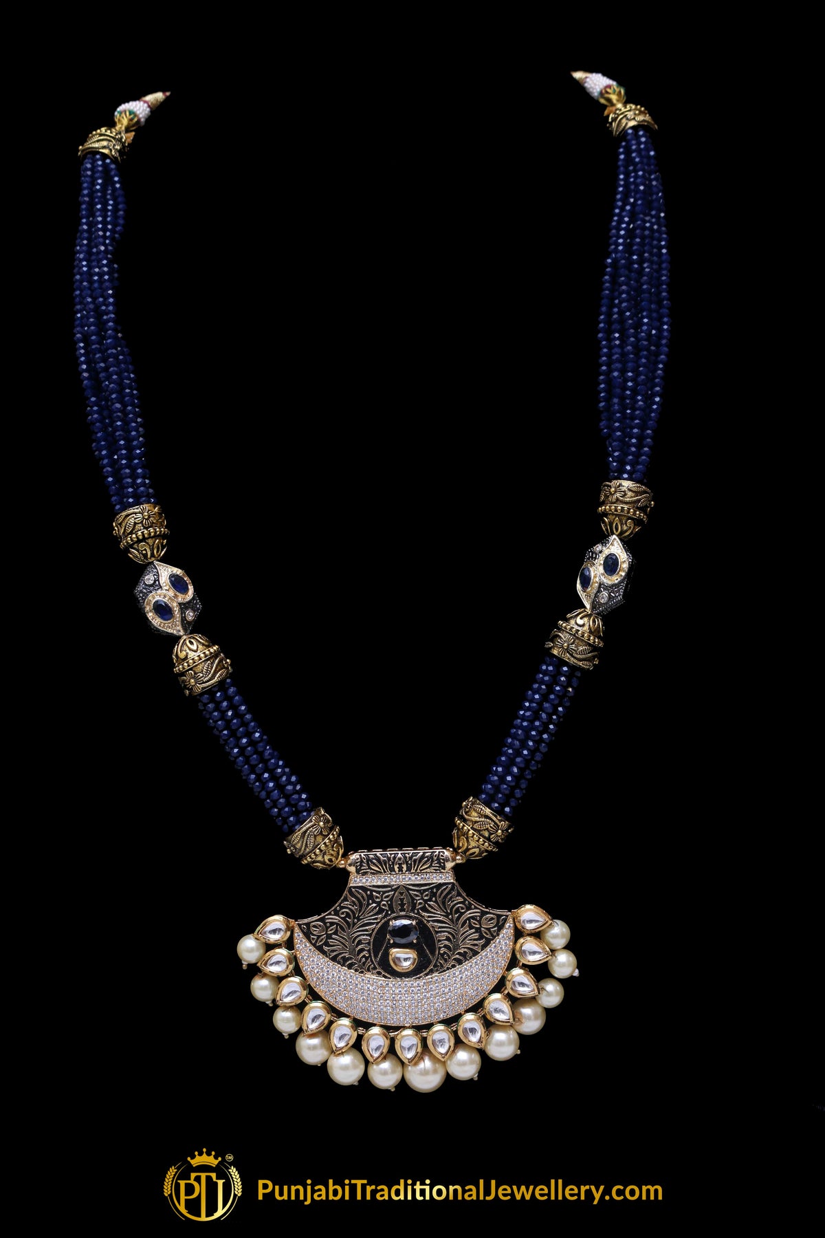Blue Kundan Mala Meena Necklace Set By Punjabi Traditional Jewellery