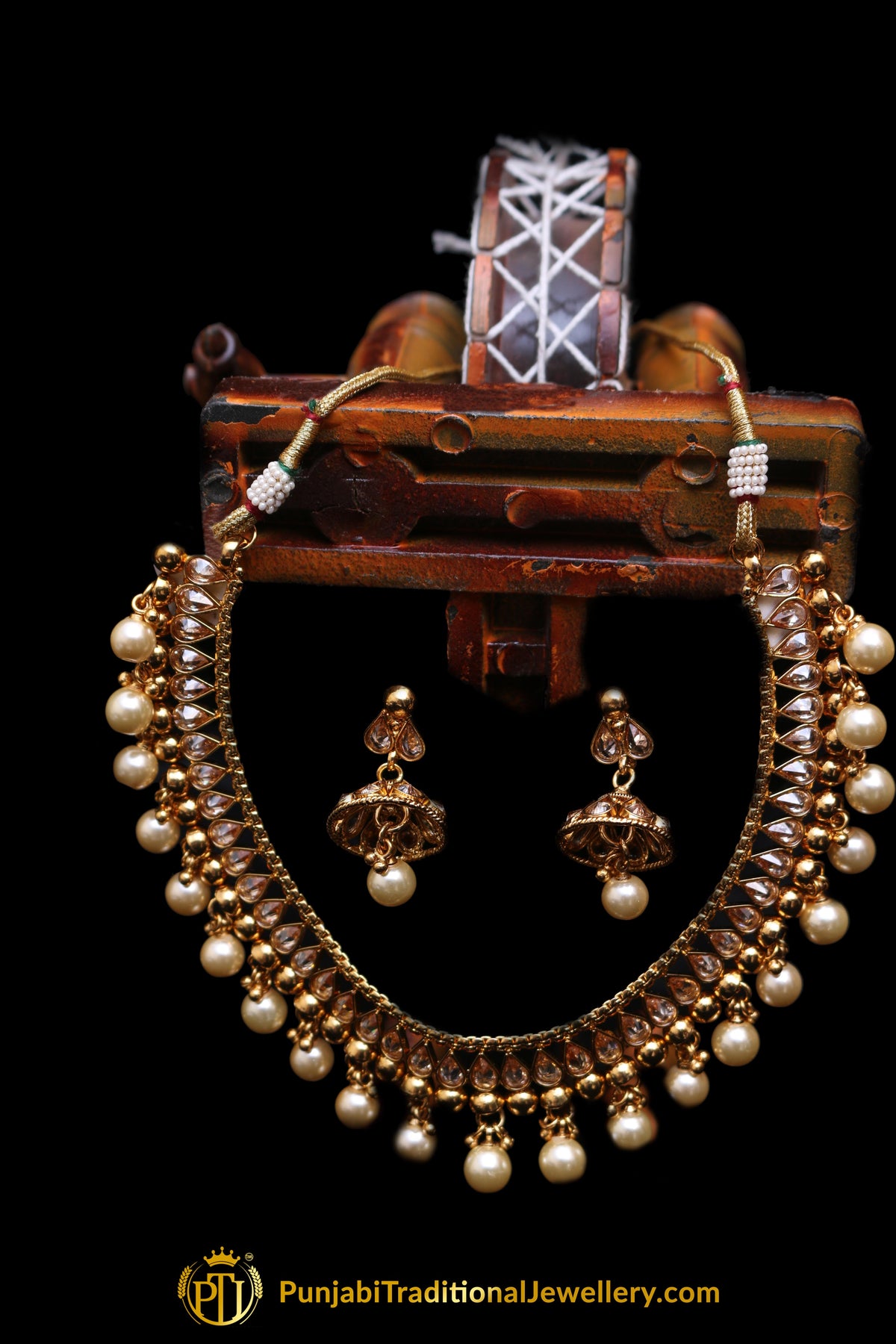 Golden Polki Pearl Necklace Set By Punjabi Traditional Jewellery
