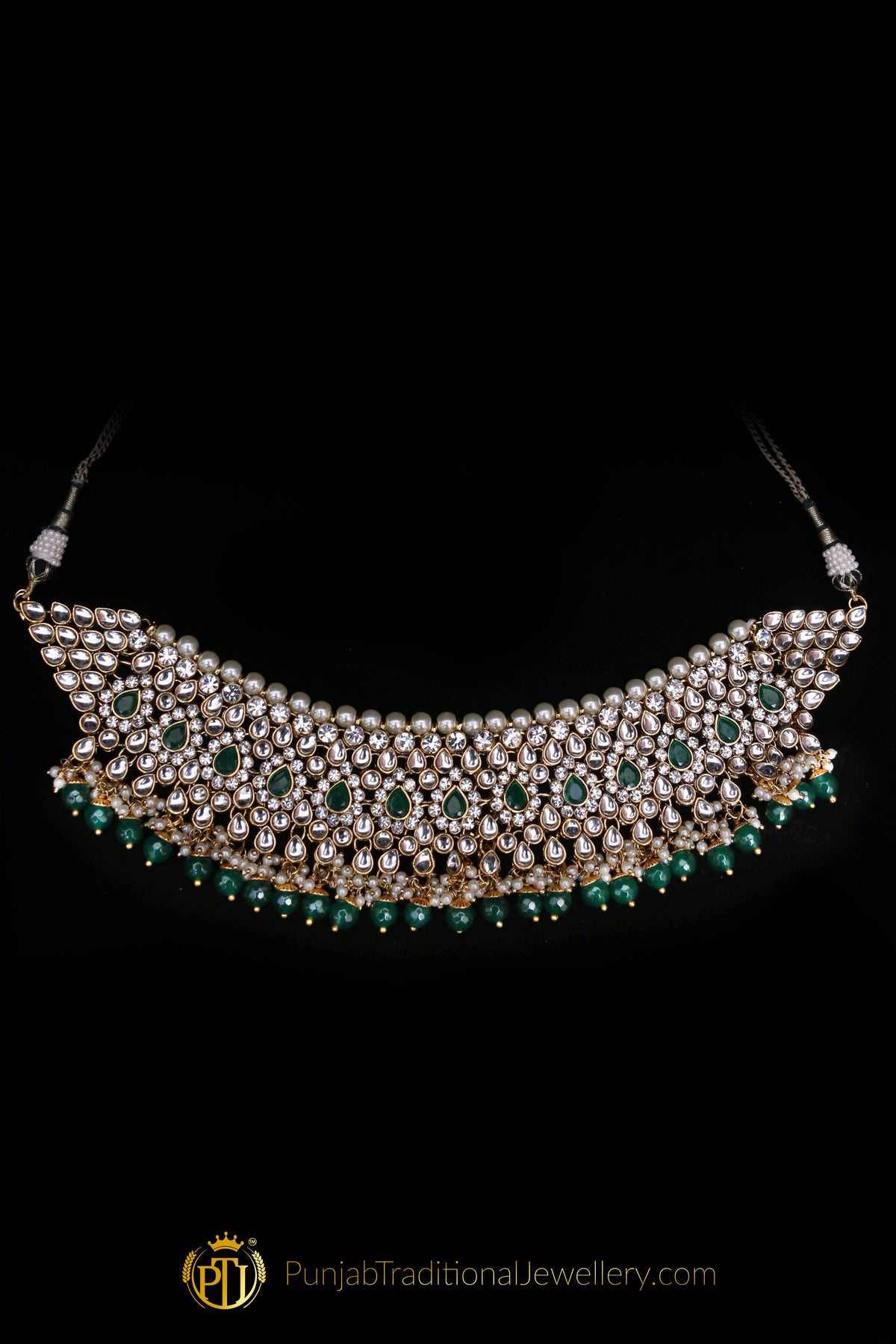 Green Pearl Kundan Choker Necklace Set By Punjabi Traditional Jewellery