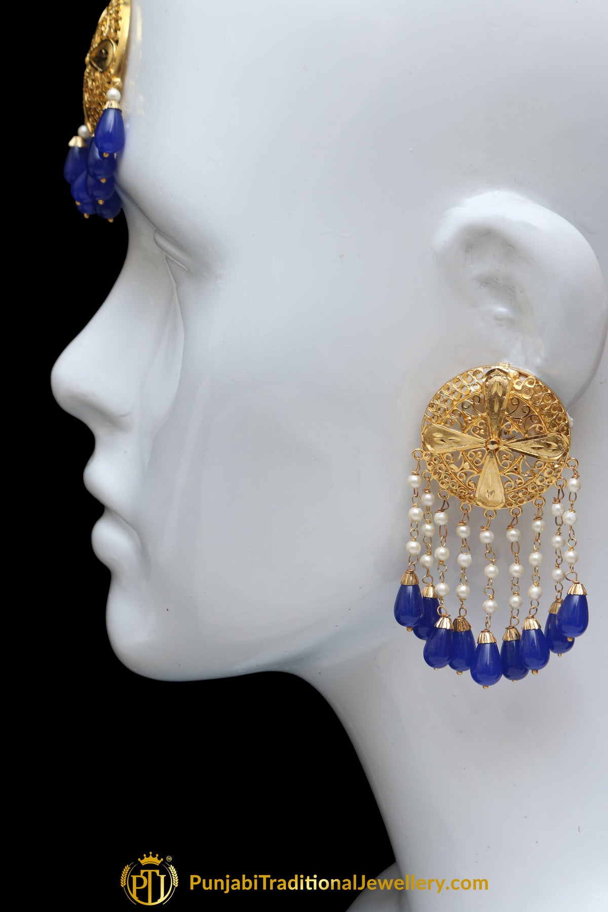Blue Jhumar Earrings & Tikka Set By Punjabi Traditional Jewellery
