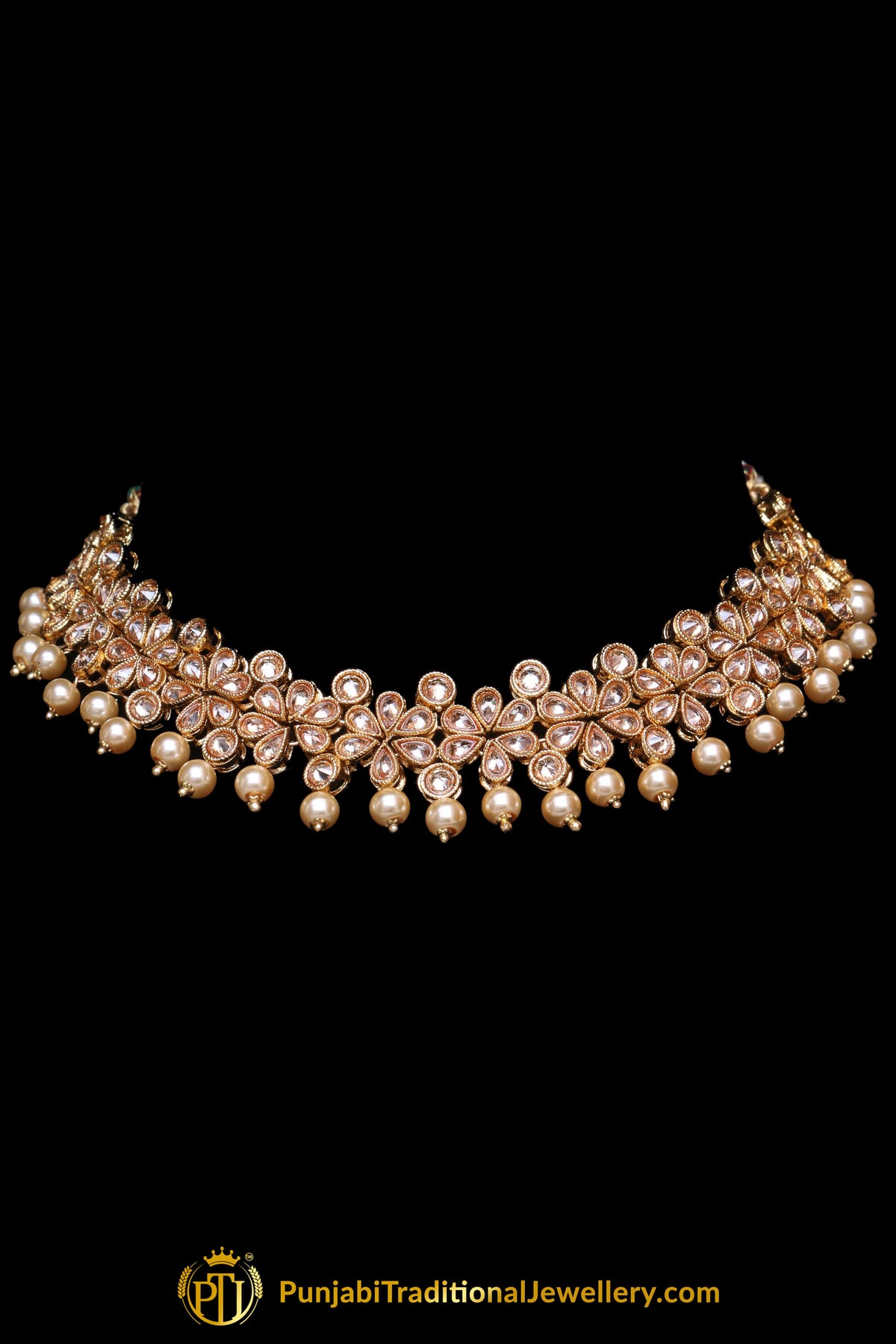 Pearl Champagne Stone Necklace Set By Punjabi Taditional Jewellery