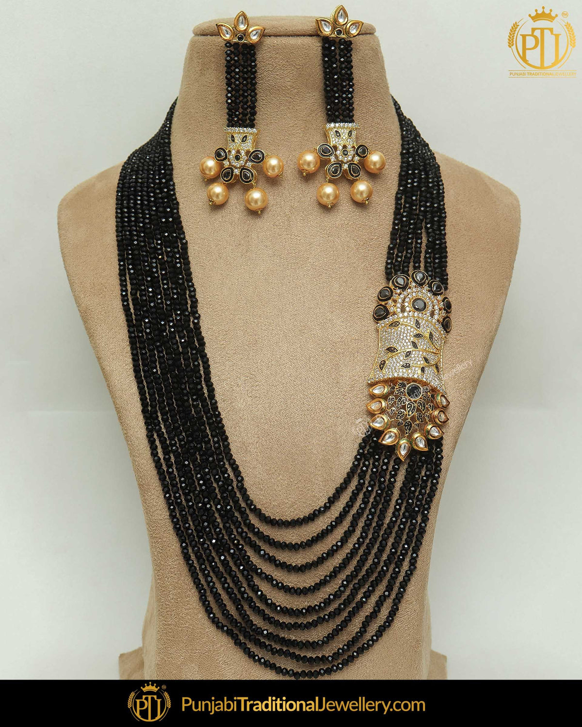 Gold Finished Black Pearl Kundan Mala Necklace Set | Punjabi Traditional Jewellery Exclusive