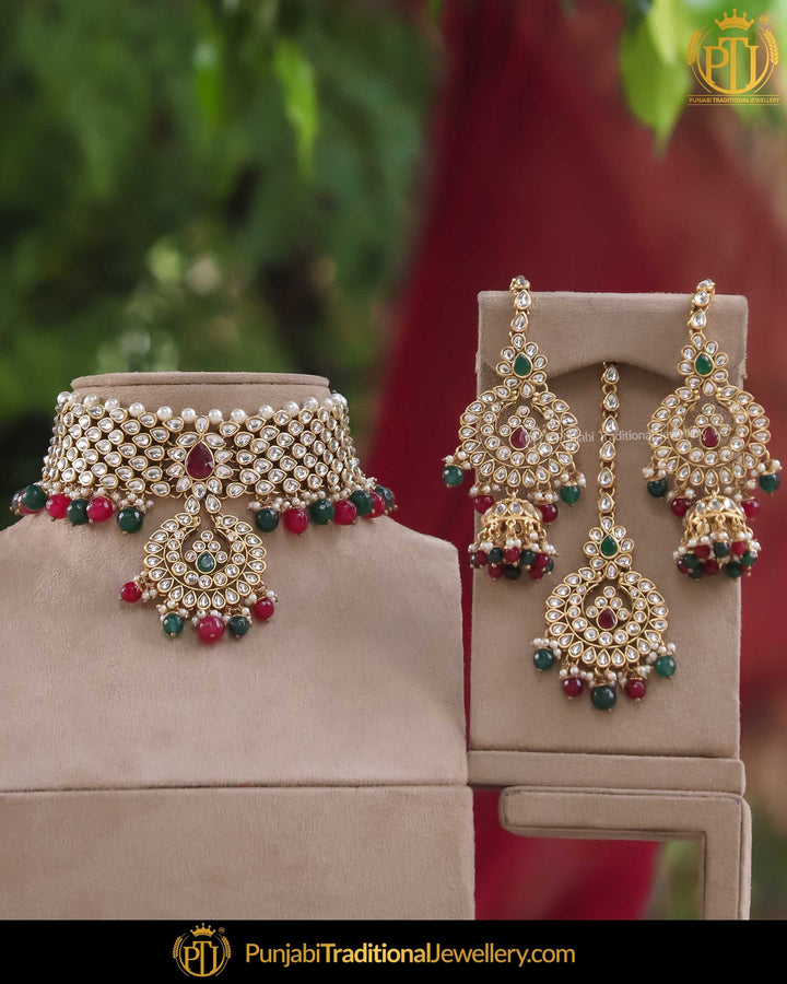 Gold Finished Kundan Emerlad Rubby Pearl Choker Necklace Set | Punjabi Traditional Jewellery Exclusive
